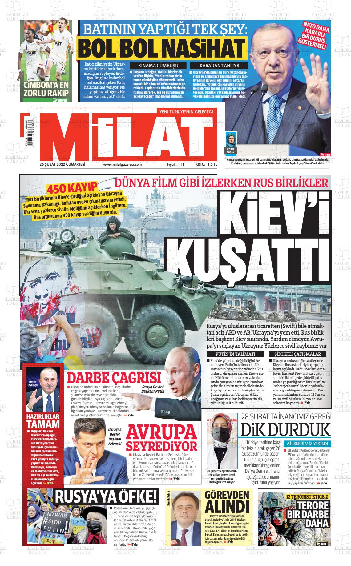 26 Şubat 2022 Milat Gazete Manşeti