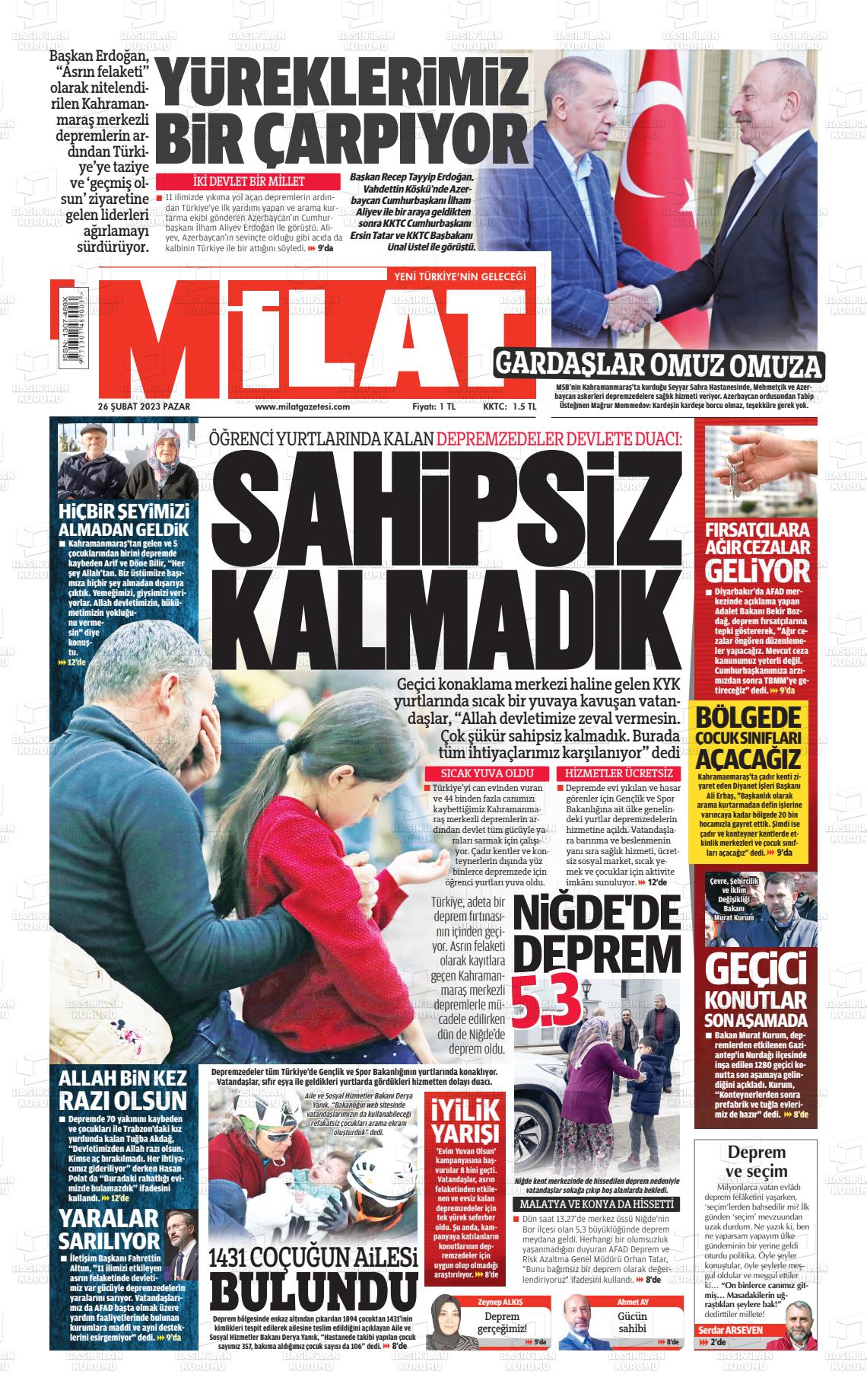 26 Şubat 2023 Milat Gazete Manşeti