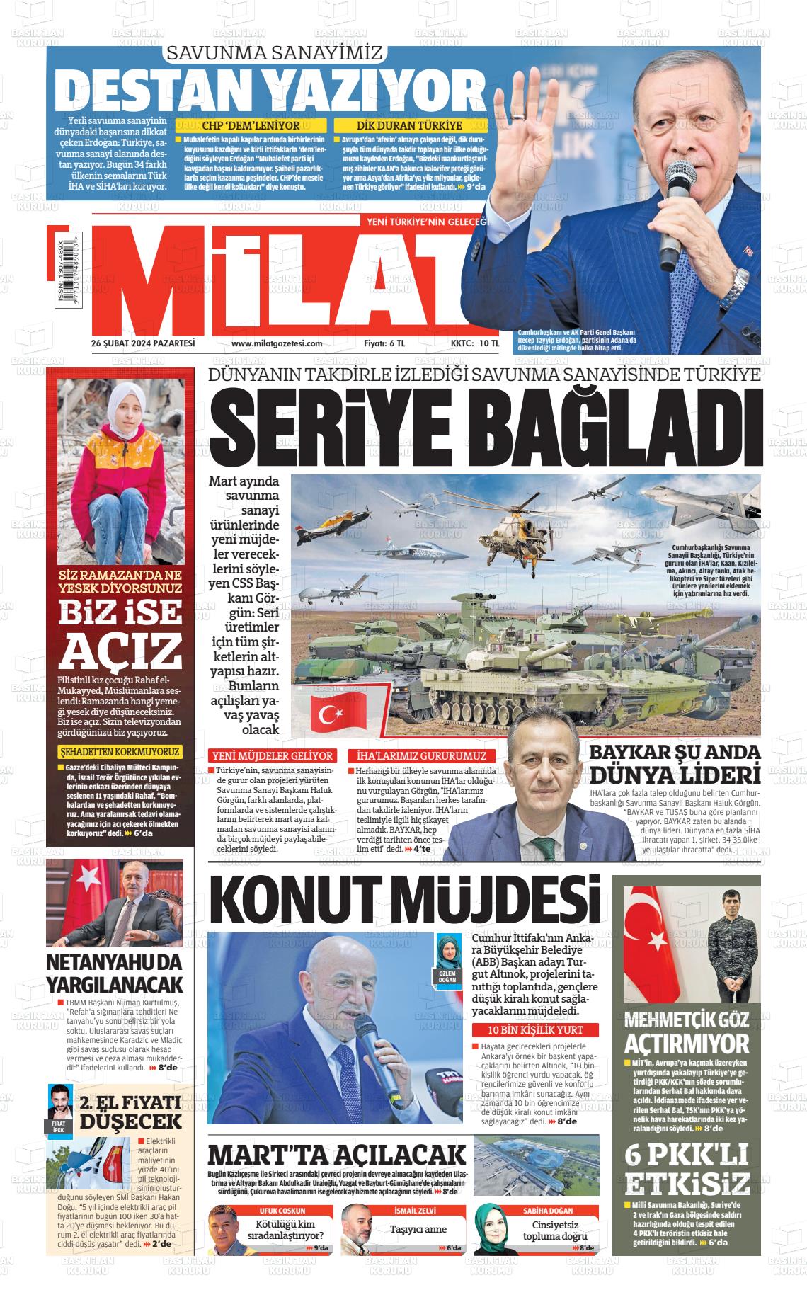 26 Şubat 2024 Milat Gazete Manşeti