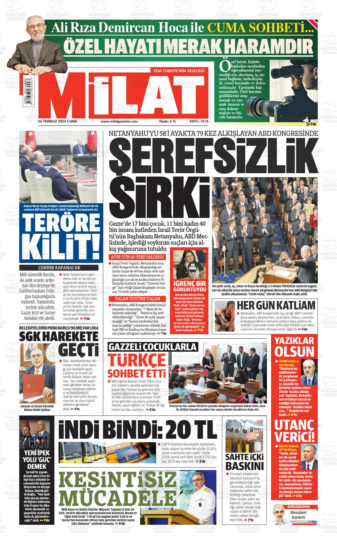 27 Temmuz 2024 Milat Gazete Manşeti