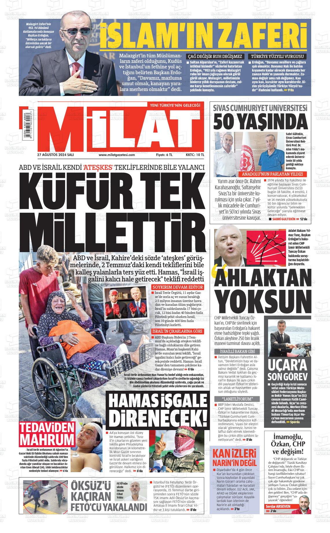 27 Ağustos 2024 Milat Gazete Manşeti