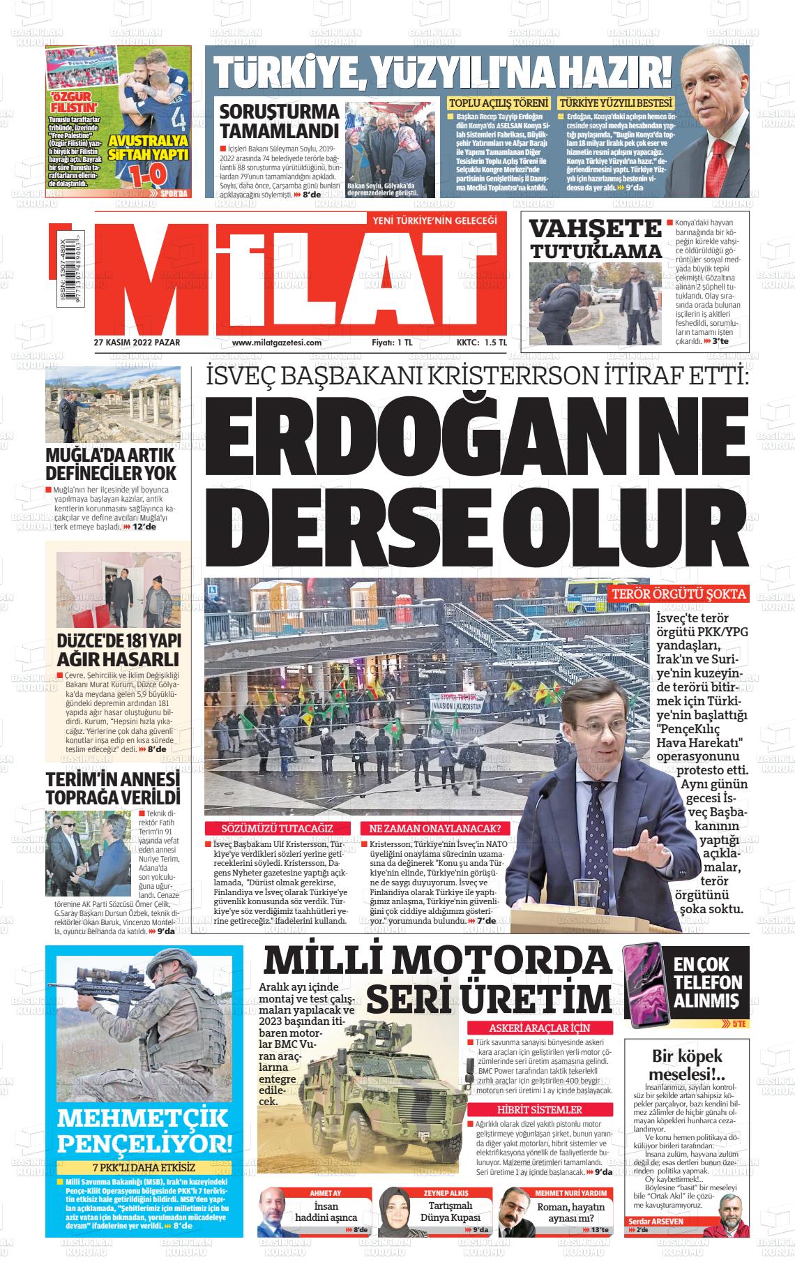 27 Kasım 2022 Milat Gazete Manşeti