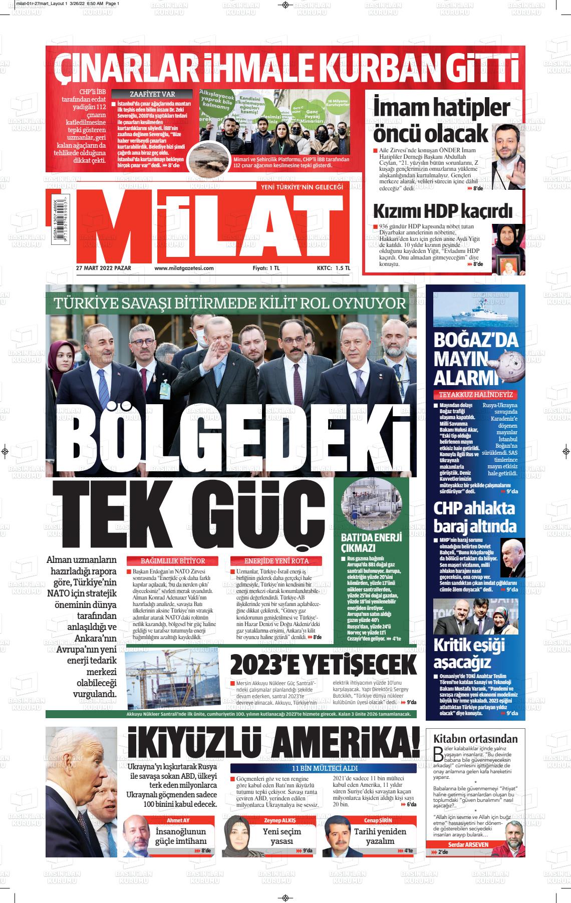 27 Mart 2022 Milat Gazete Manşeti