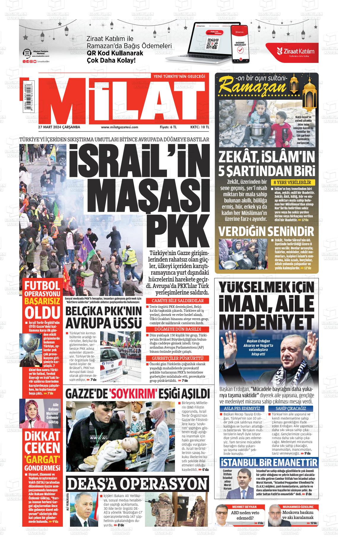 27 Mart 2024 Milat Gazete Manşeti