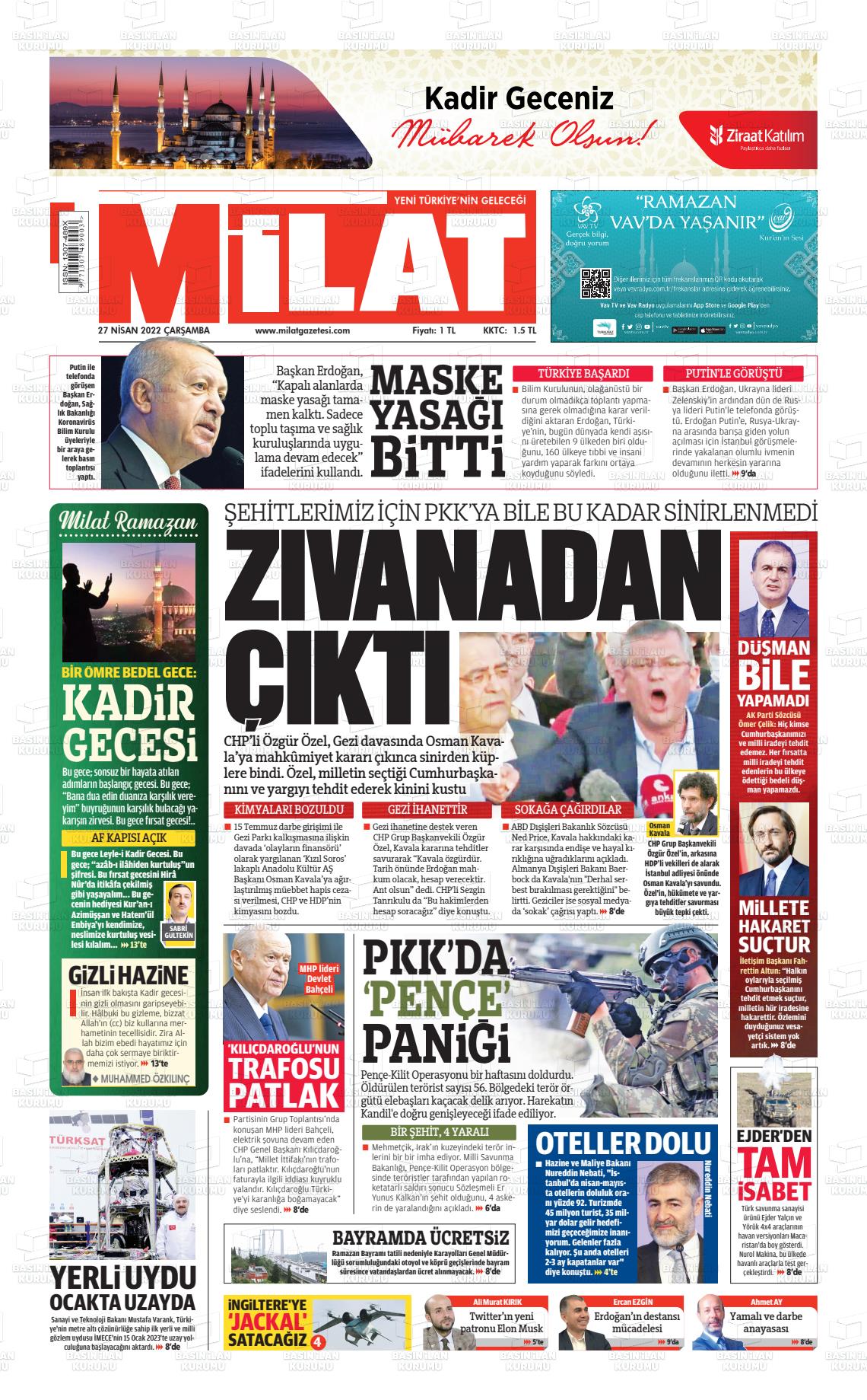 27 Nisan 2022 Milat Gazete Manşeti