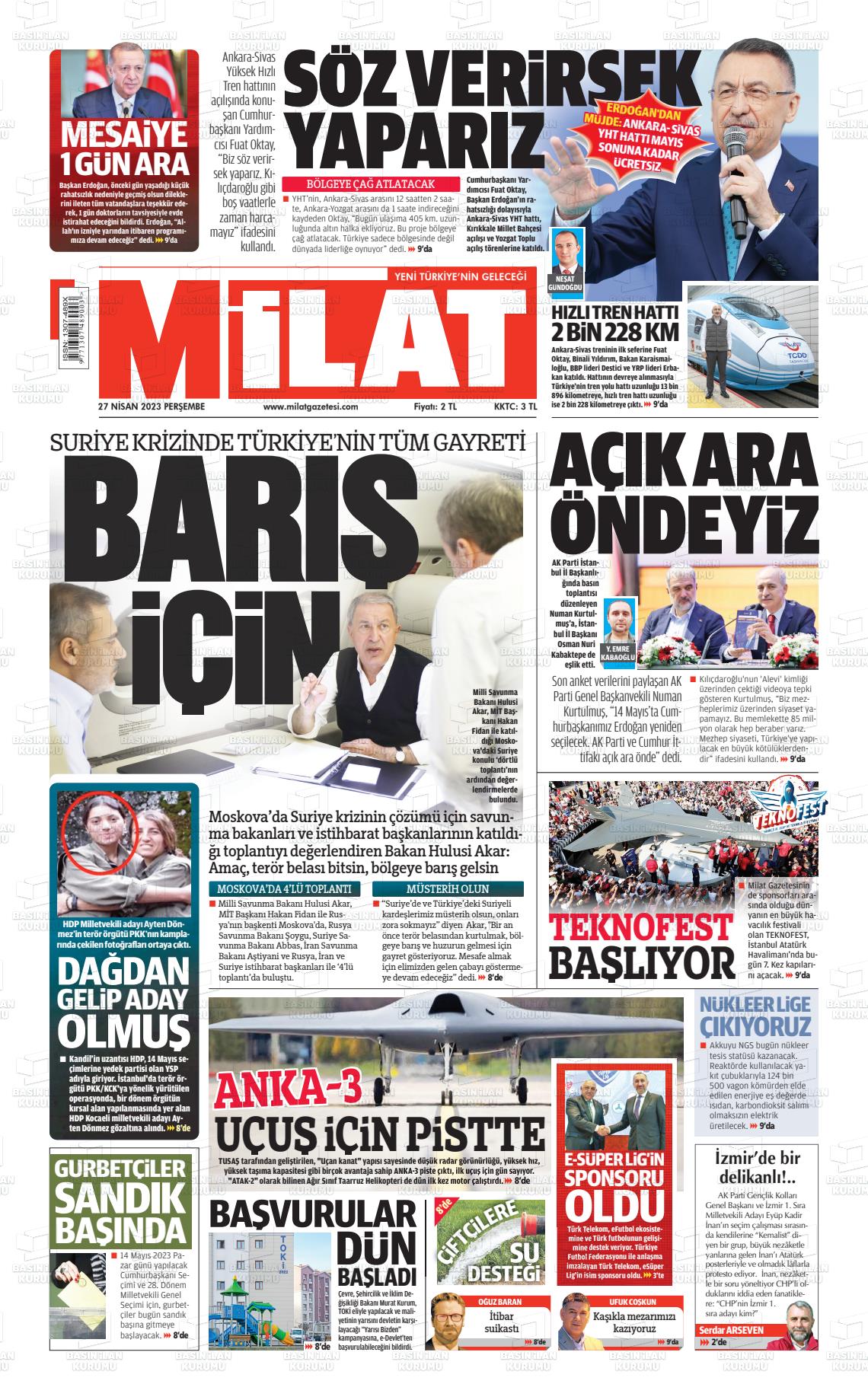 27 Nisan 2023 Milat Gazete Manşeti