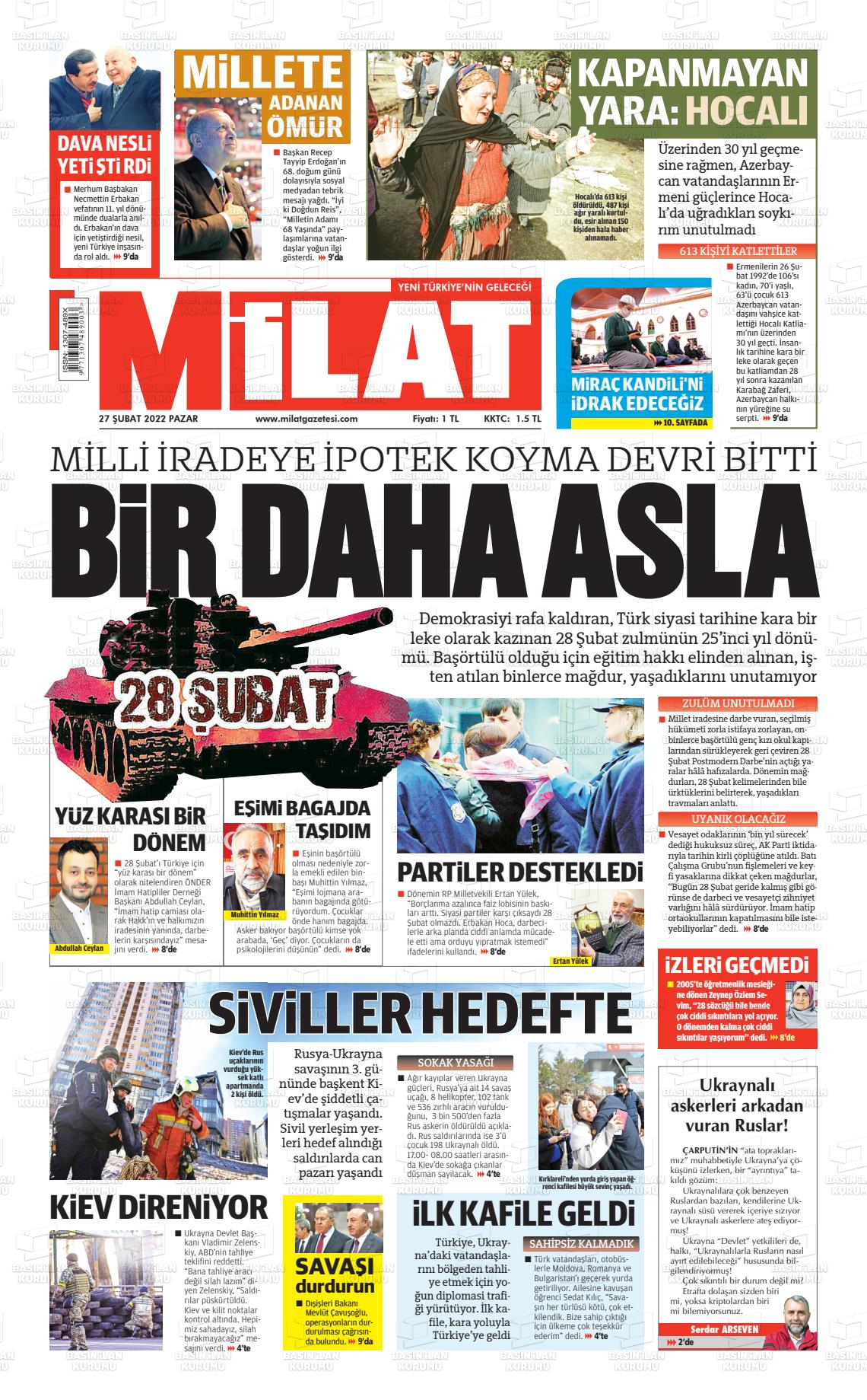 27 Şubat 2022 Milat Gazete Manşeti