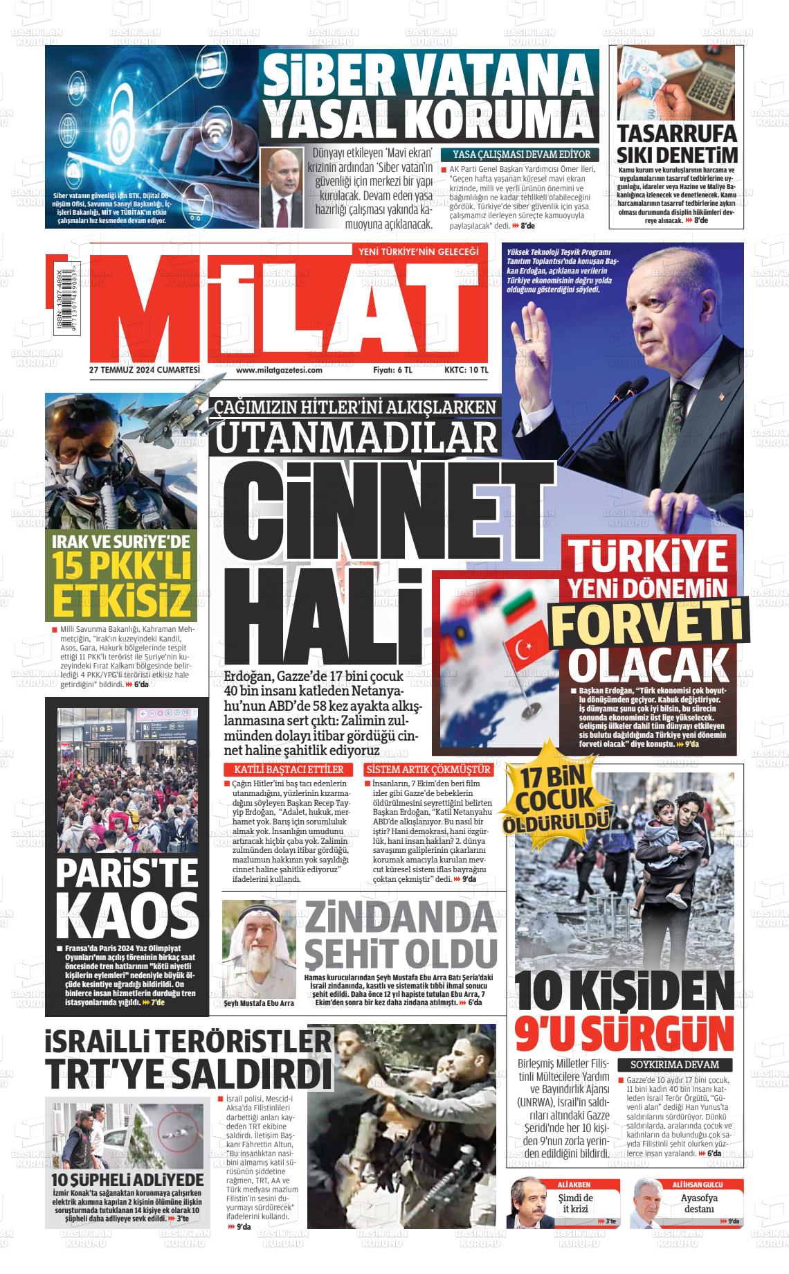 27 Temmuz 2024 Milat Gazete Manşeti