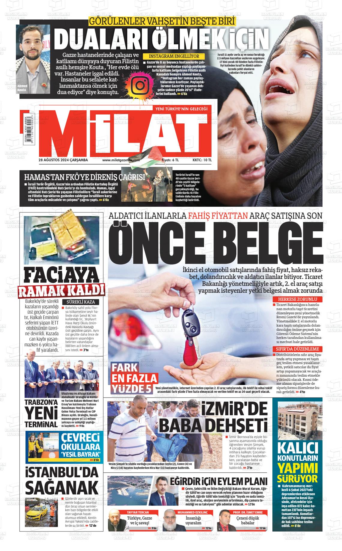 28 Ağustos 2024 Milat Gazete Manşeti