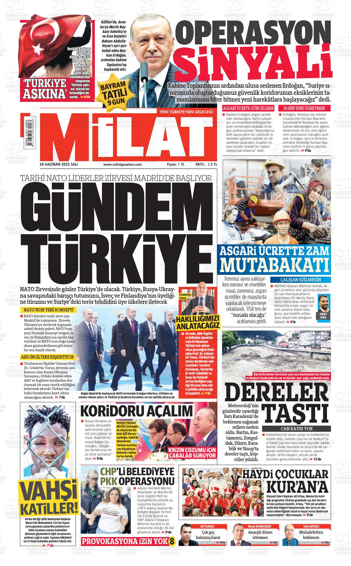 28 Haziran 2022 Milat Gazete Manşeti