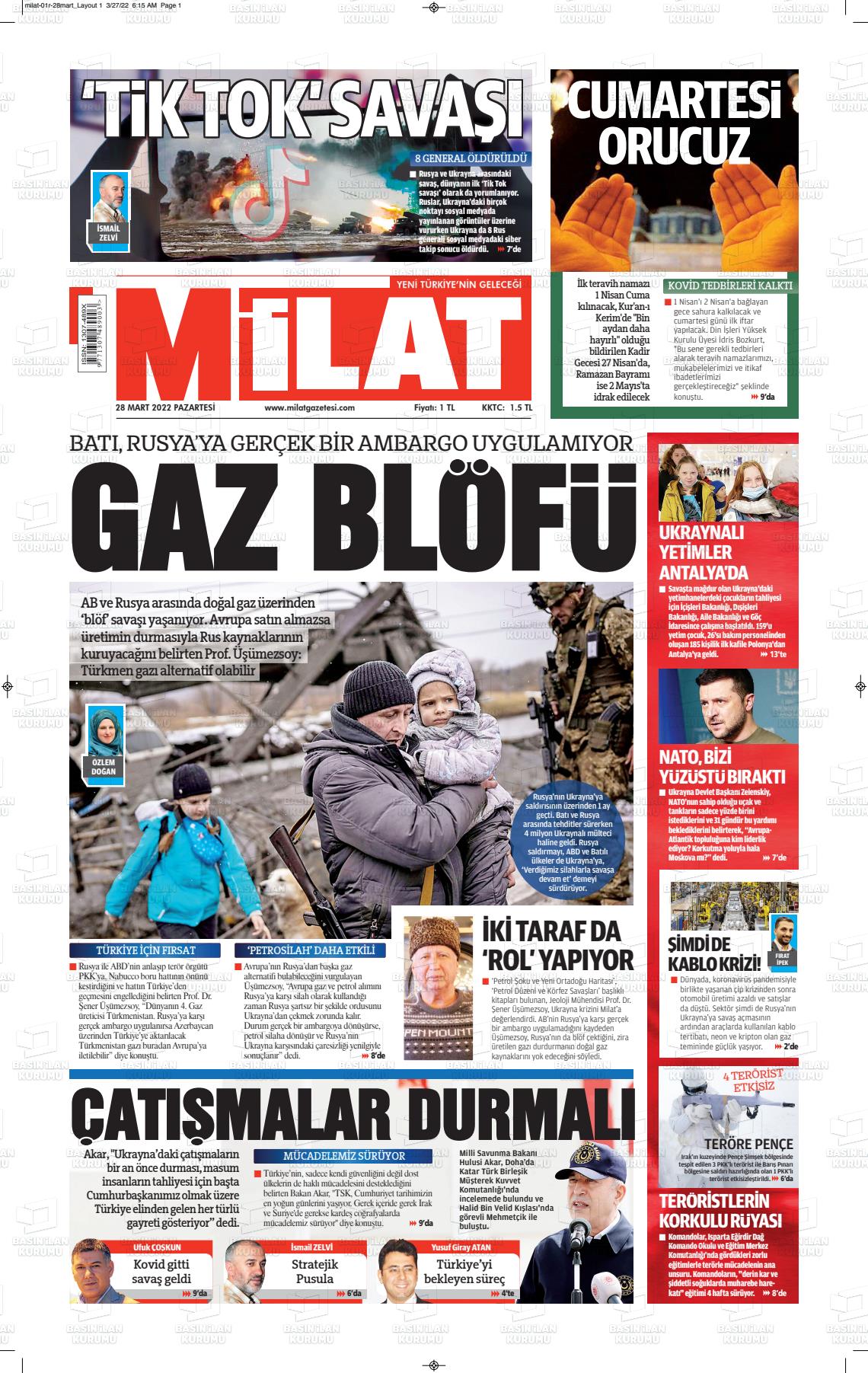 28 Mart 2022 Milat Gazete Manşeti