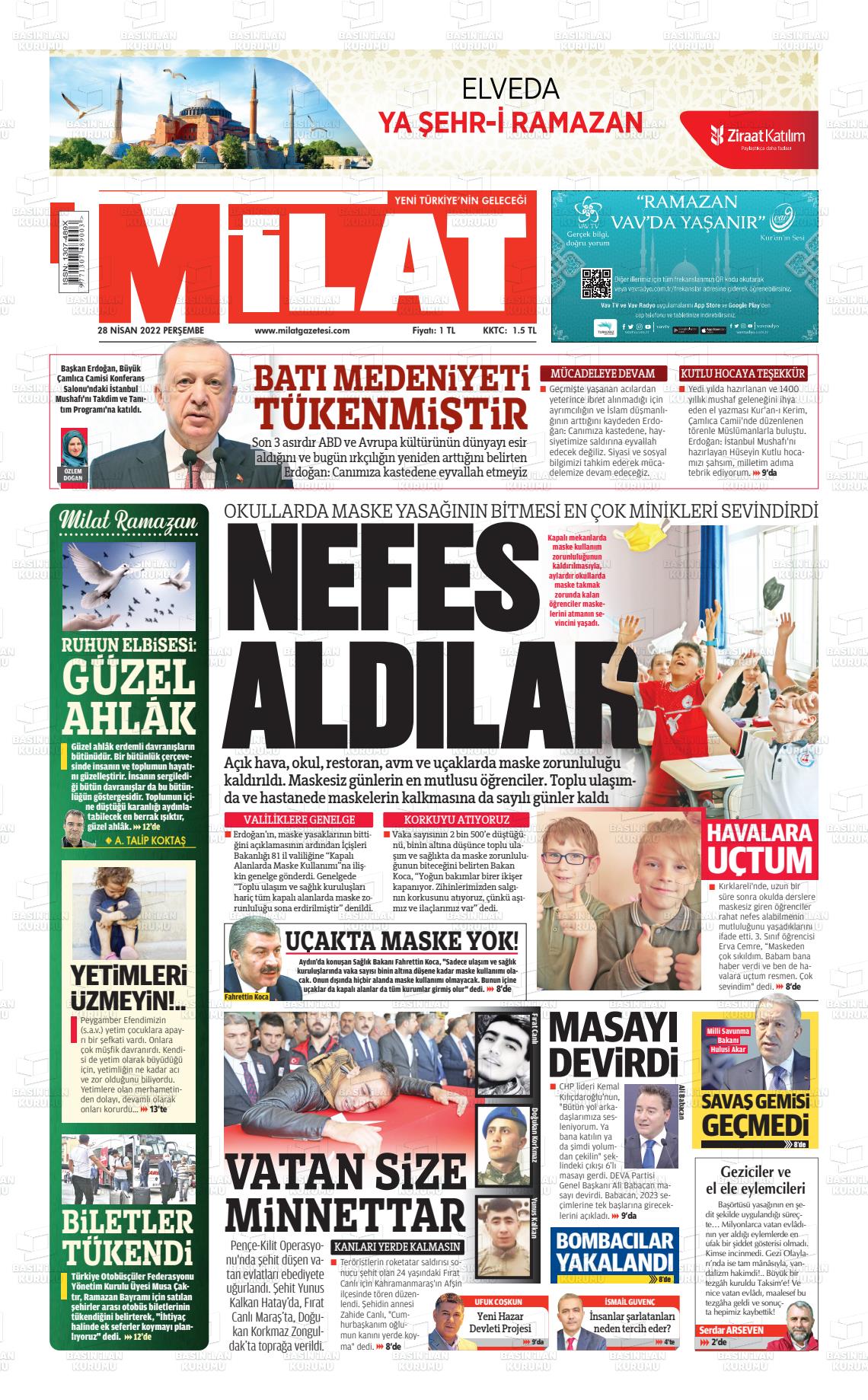 28 Nisan 2022 Milat Gazete Manşeti