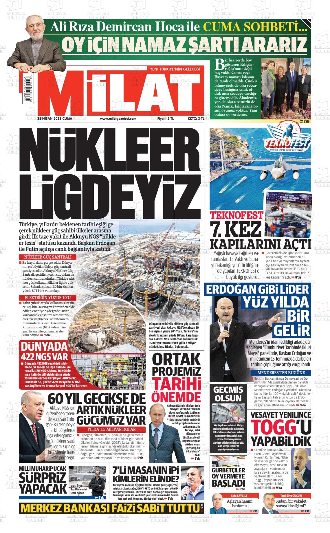 28 Nisan 2023 Milat Gazete Manşeti