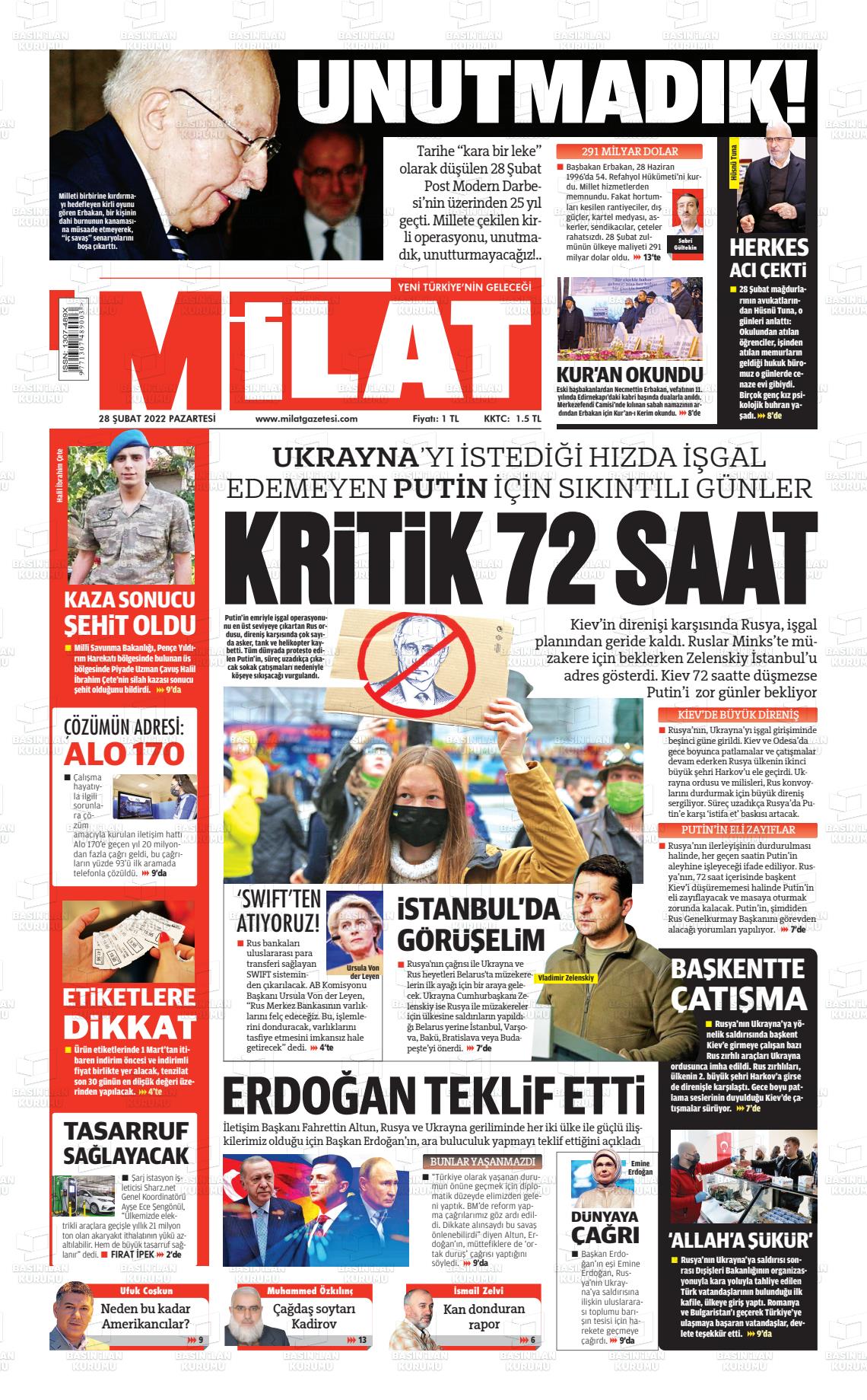 28 Şubat 2022 Milat Gazete Manşeti