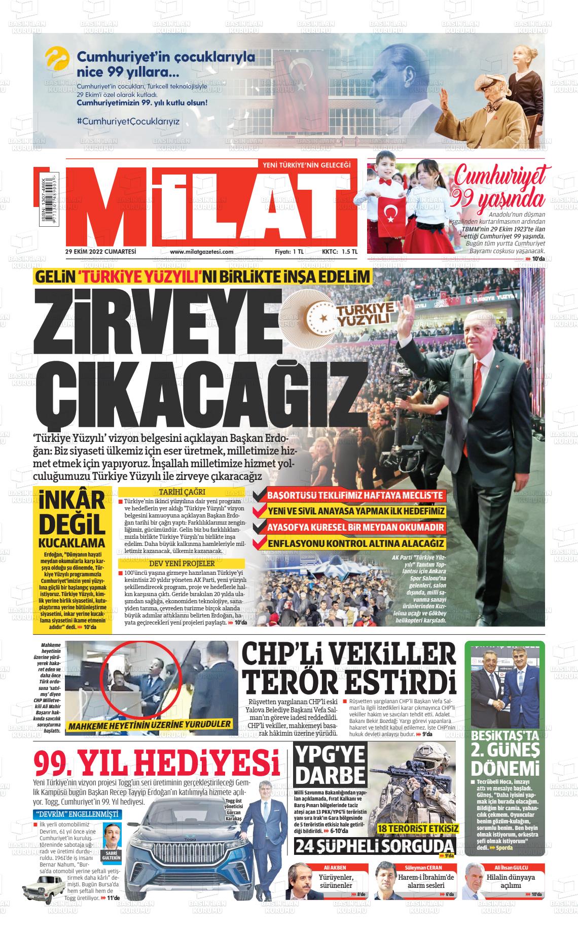 29 Ekim 2022 Milat Gazete Manşeti