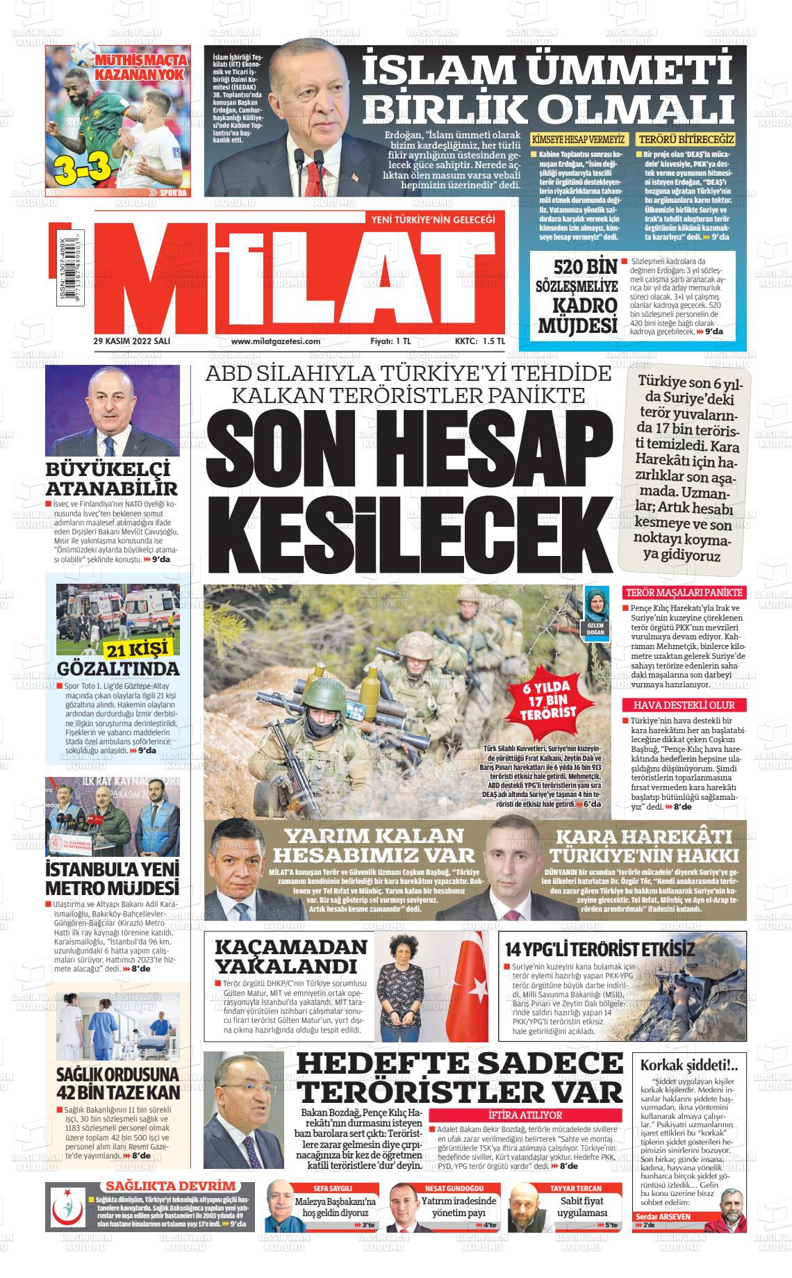 29 Kasım 2022 Milat Gazete Manşeti