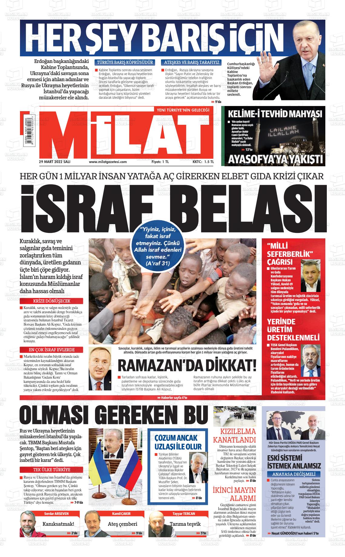 29 Mart 2022 Milat Gazete Manşeti