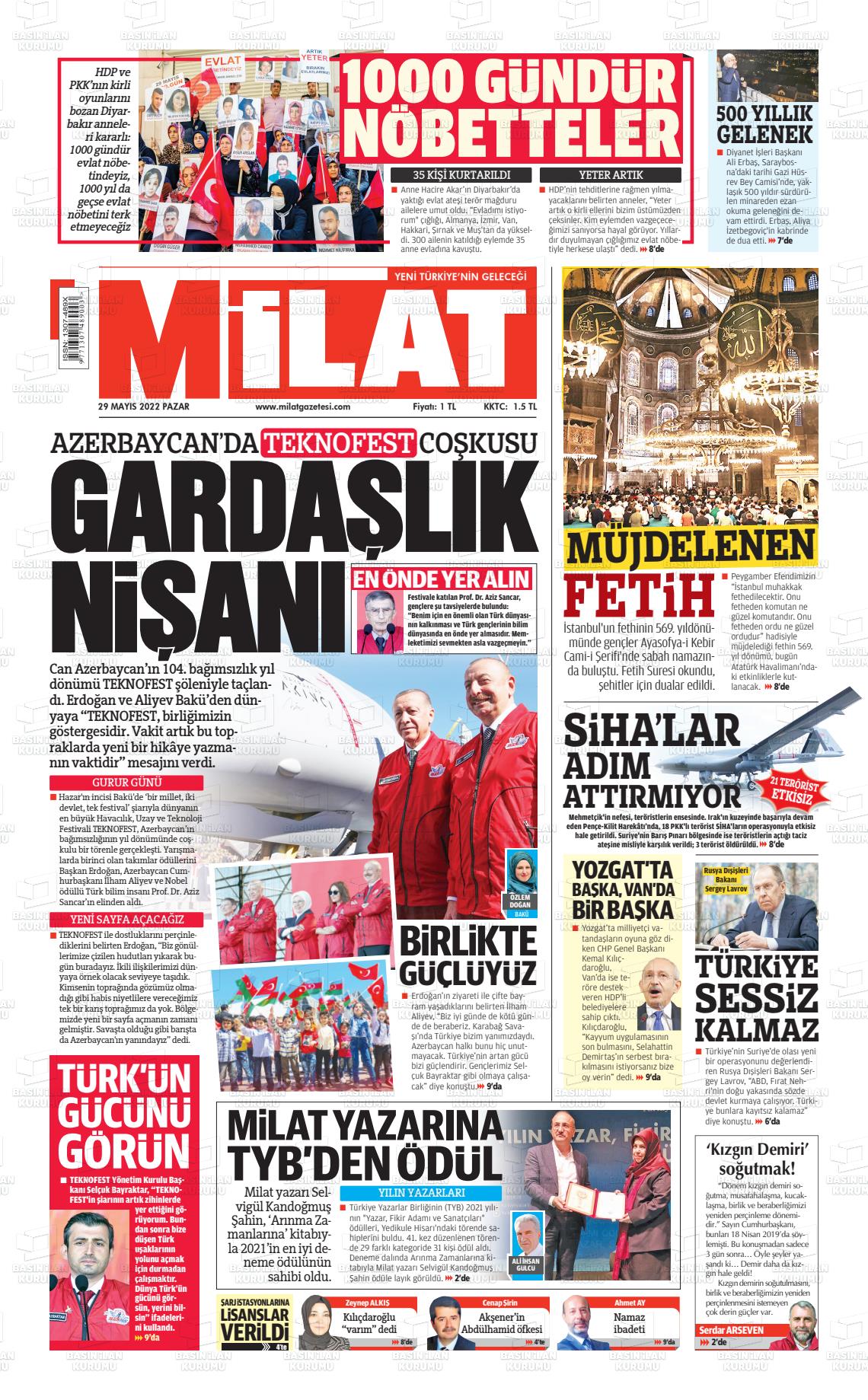 29 Mayıs 2022 Milat Gazete Manşeti