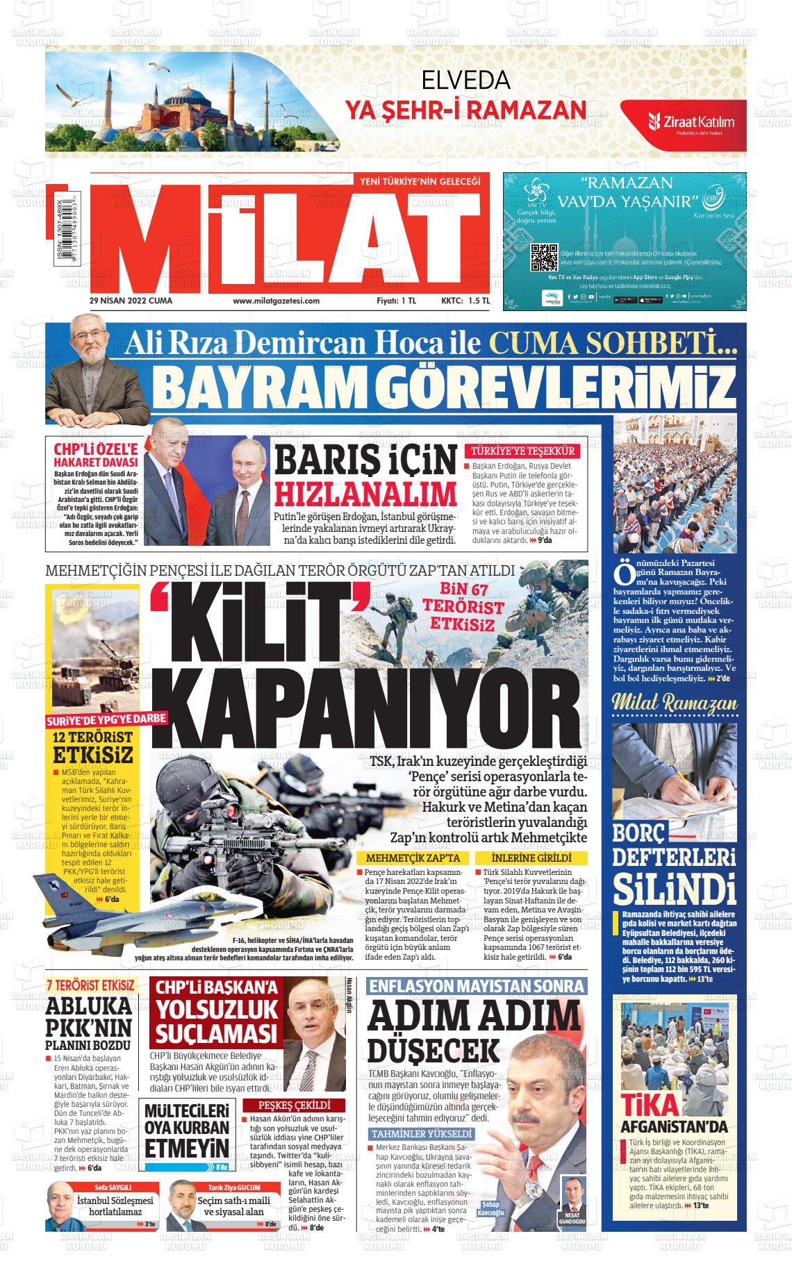 29 Nisan 2022 Milat Gazete Manşeti