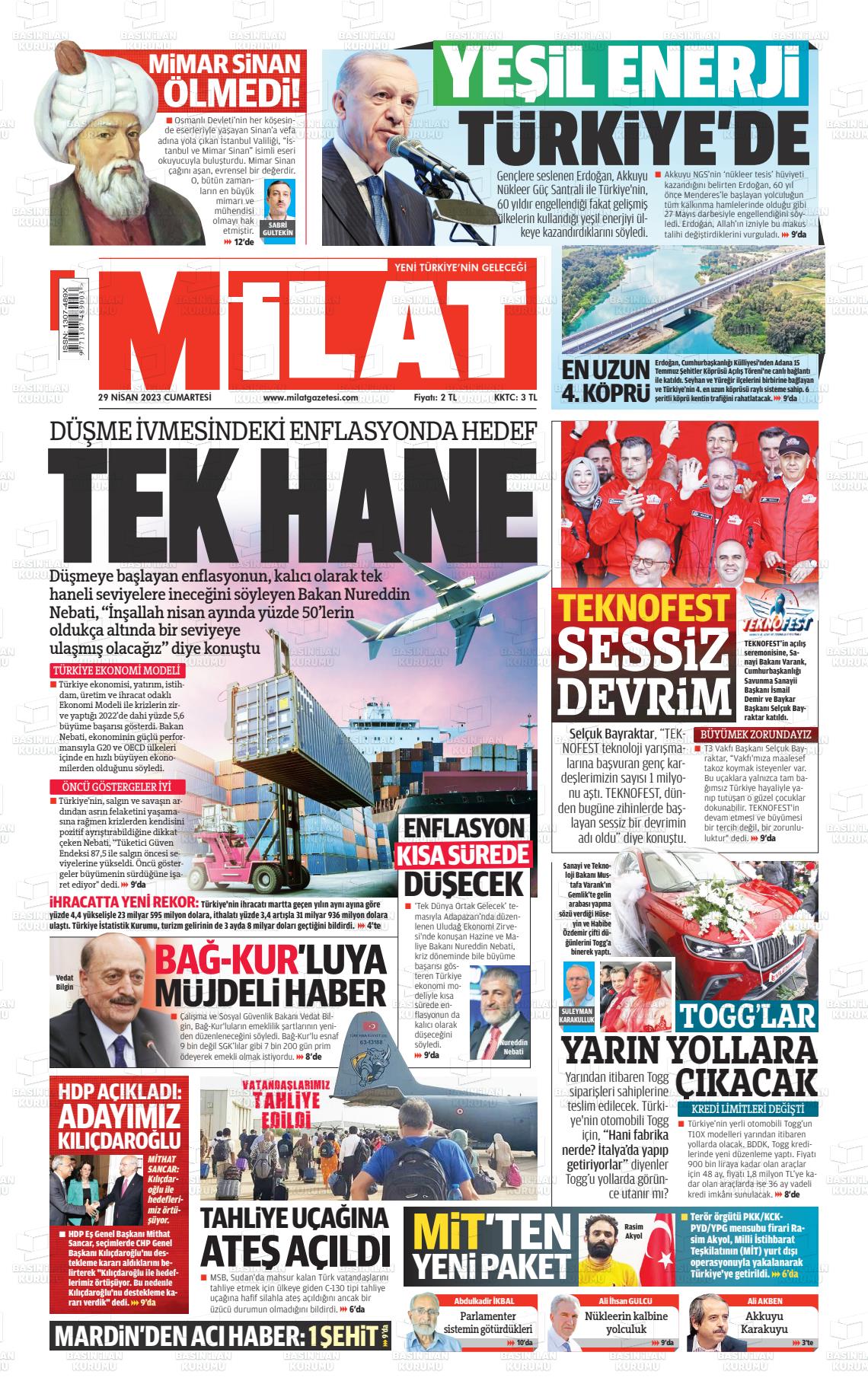 29 Nisan 2023 Milat Gazete Manşeti