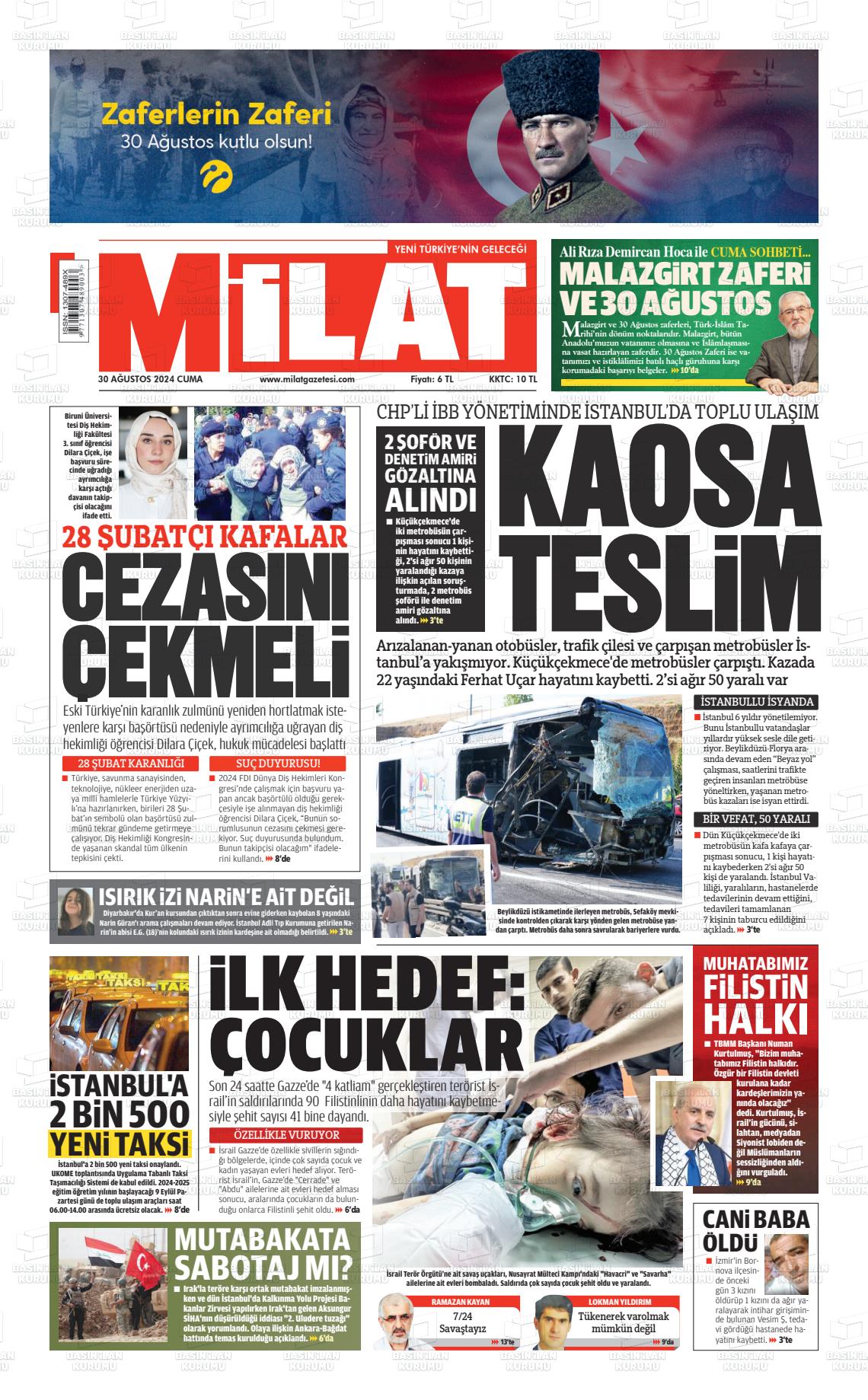 30 Ağustos 2024 Milat Gazete Manşeti