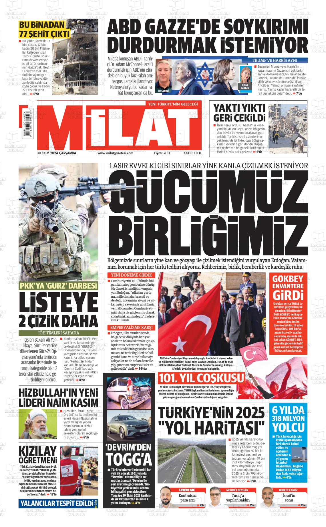 30 Ekim 2024 Milat Gazete Manşeti