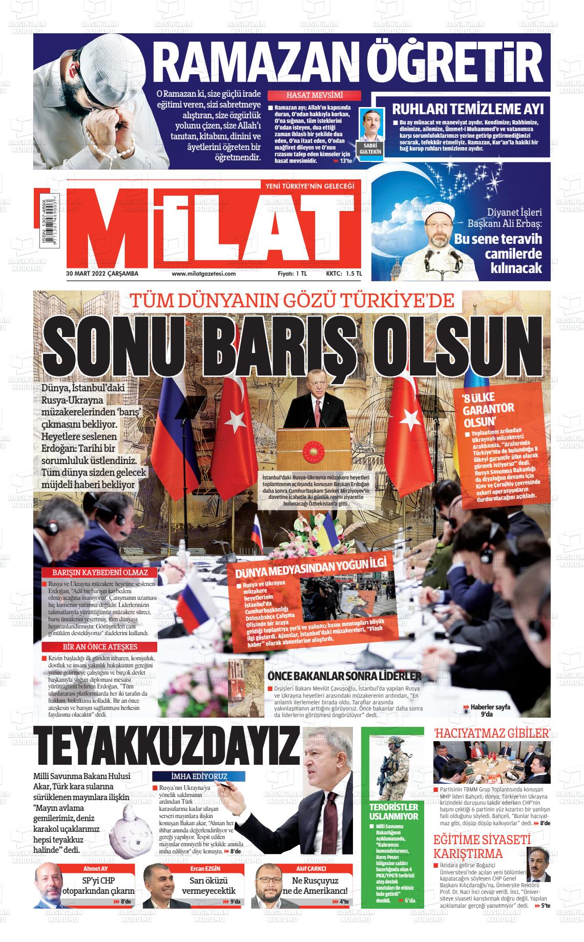 30 Mart 2022 Milat Gazete Manşeti