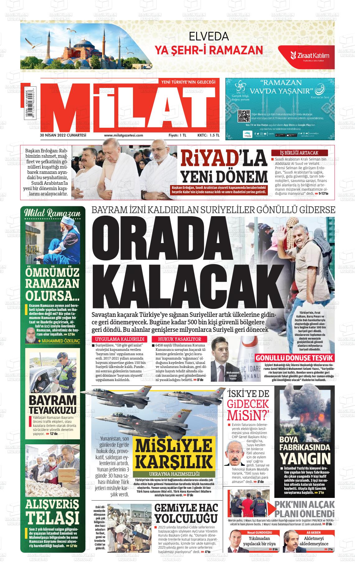 30 Nisan 2022 Milat Gazete Manşeti