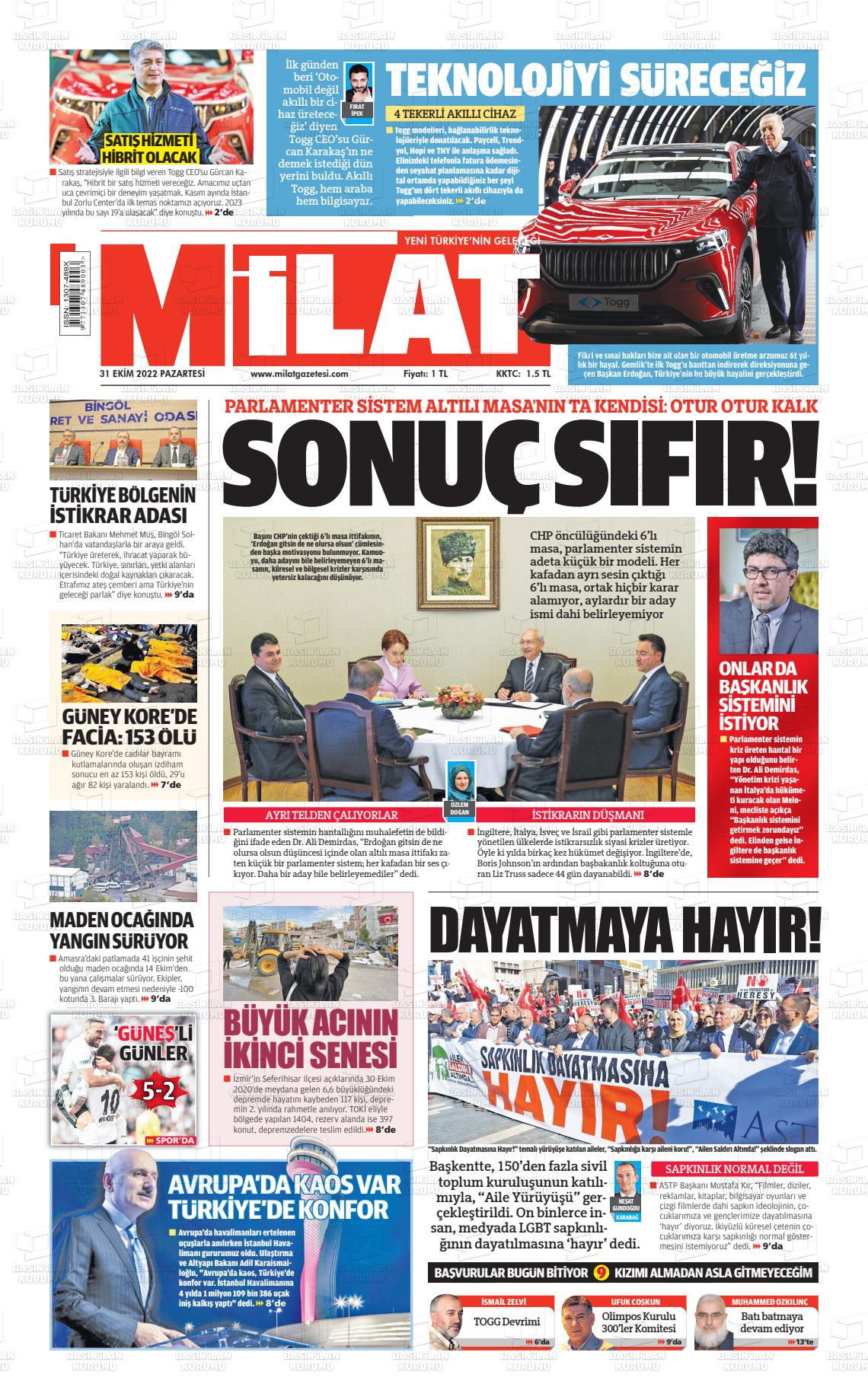 31 Ekim 2022 Milat Gazete Manşeti