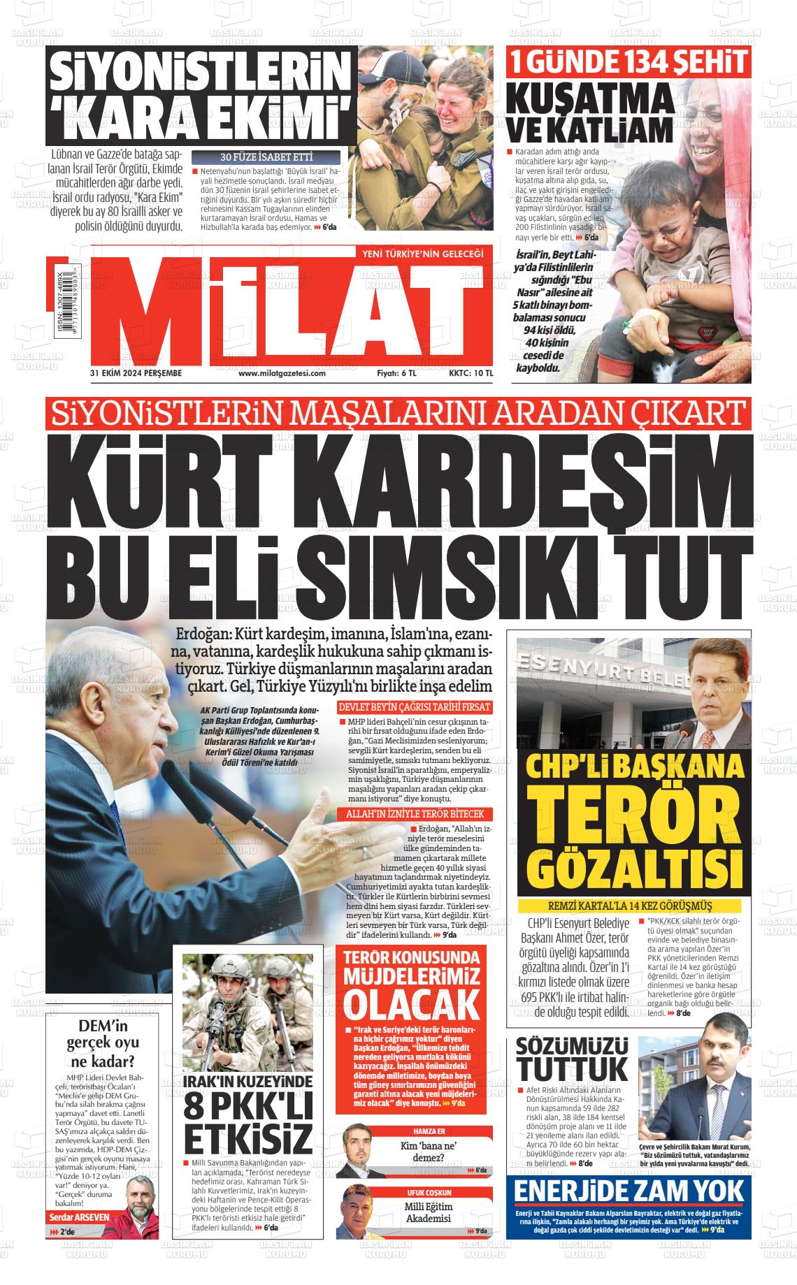 31 Ekim 2024 Milat Gazete Manşeti