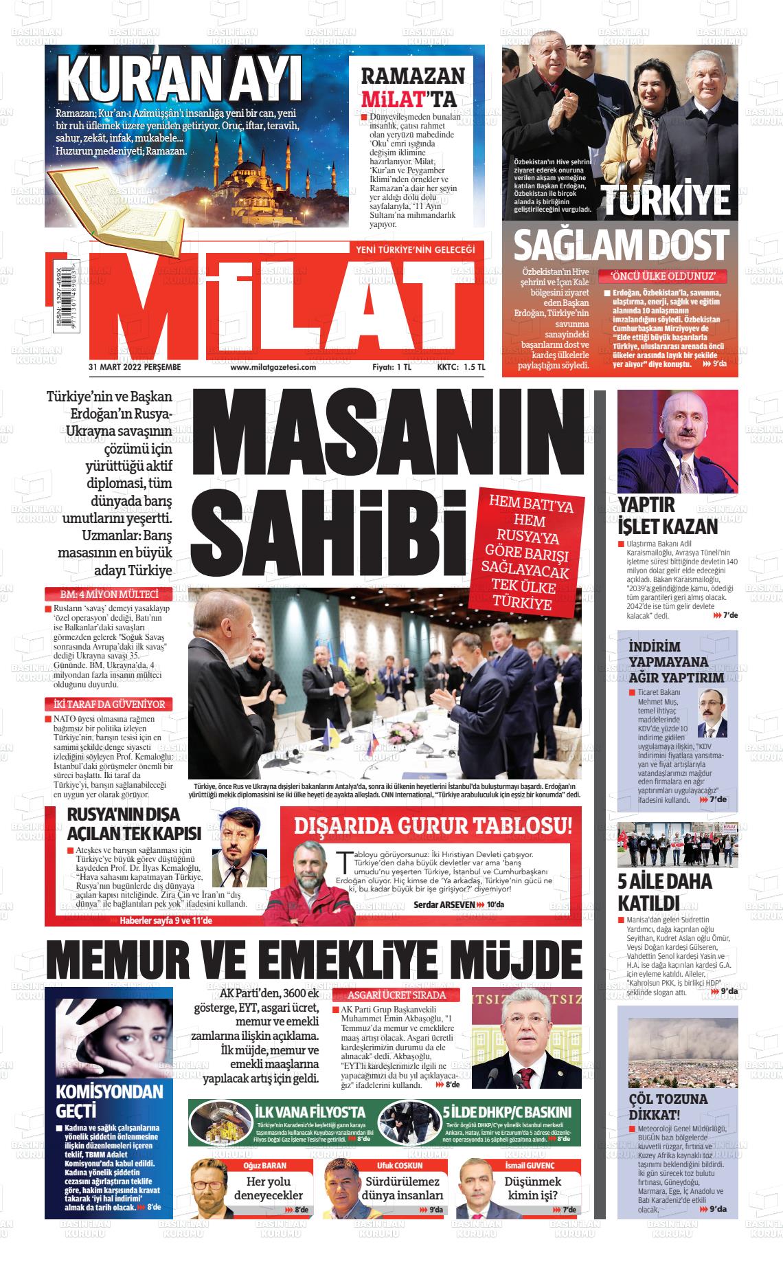 31 Mart 2022 Milat Gazete Manşeti