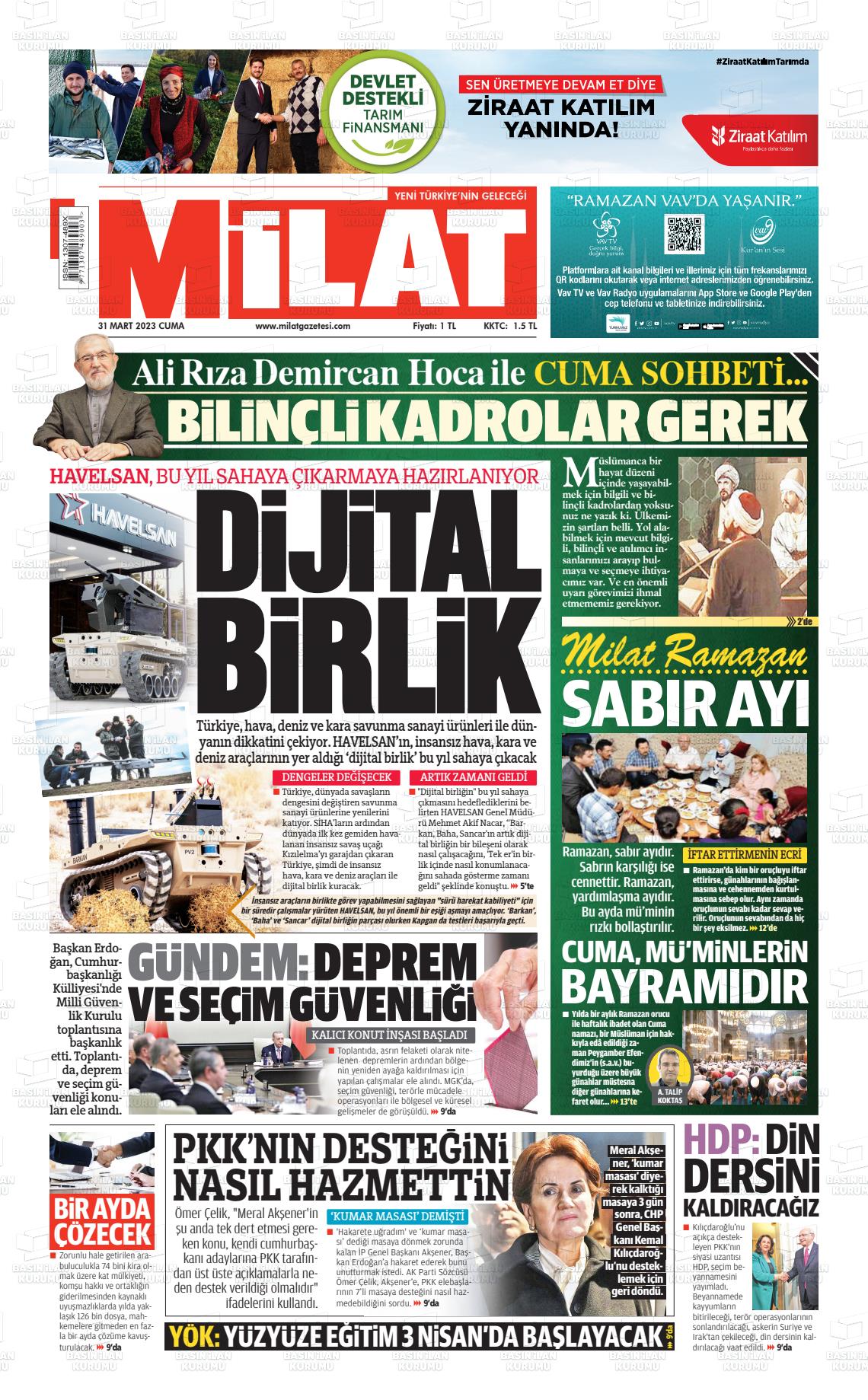 31 Mart 2023 Milat Gazete Manşeti