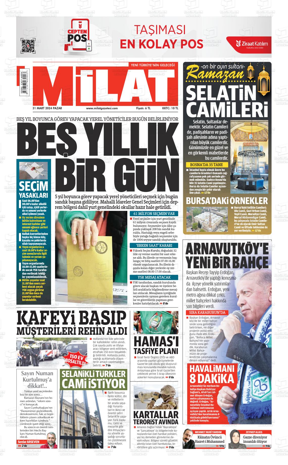 31 Mart 2024 Milat Gazete Manşeti