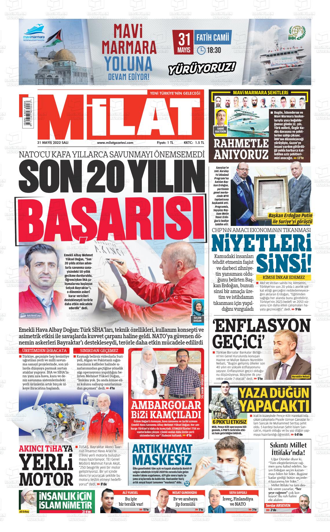 31 Mayıs 2022 Milat Gazete Manşeti