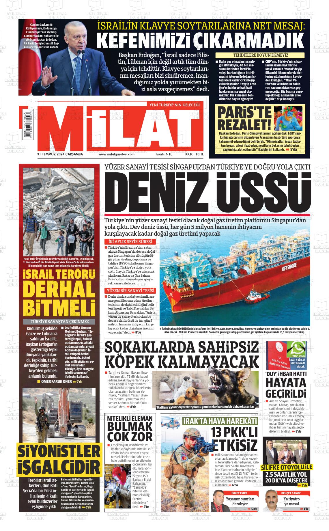 31 Temmuz 2024 Milat Gazete Manşeti