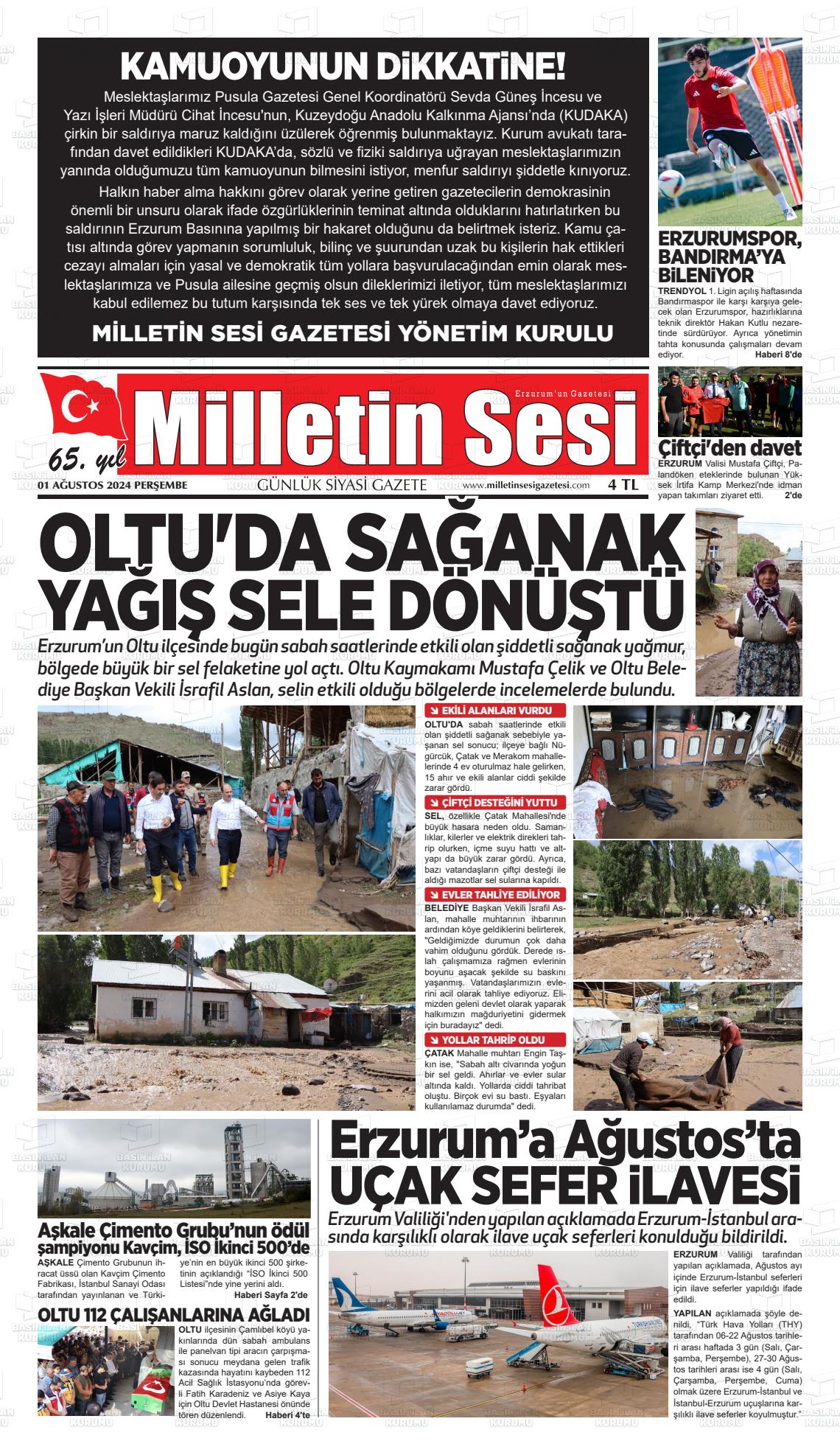 01 Ağustos 2024 Milletin Sesi Gazete Manşeti