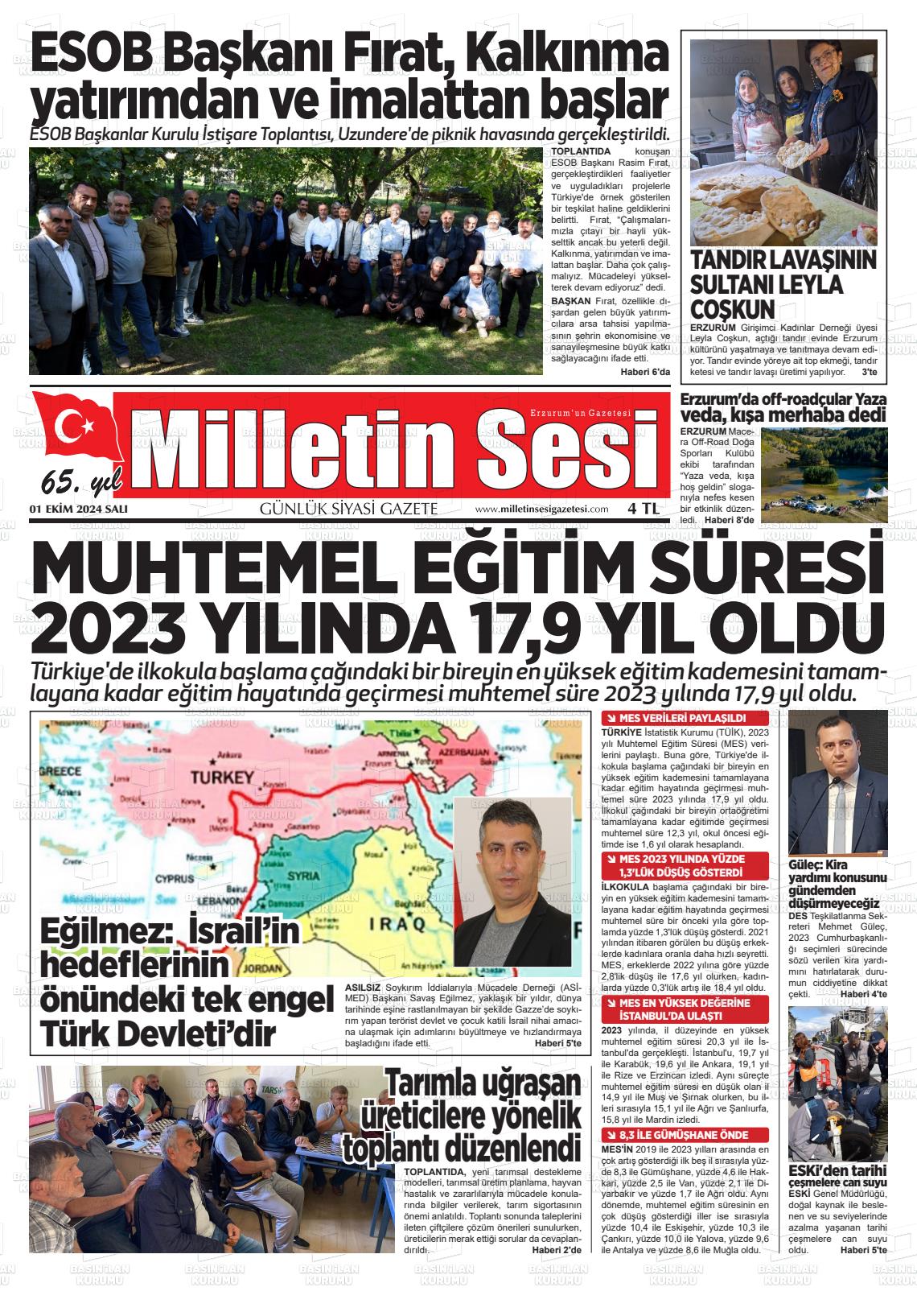 01 Ekim 2024 Milletin Sesi Gazete Manşeti