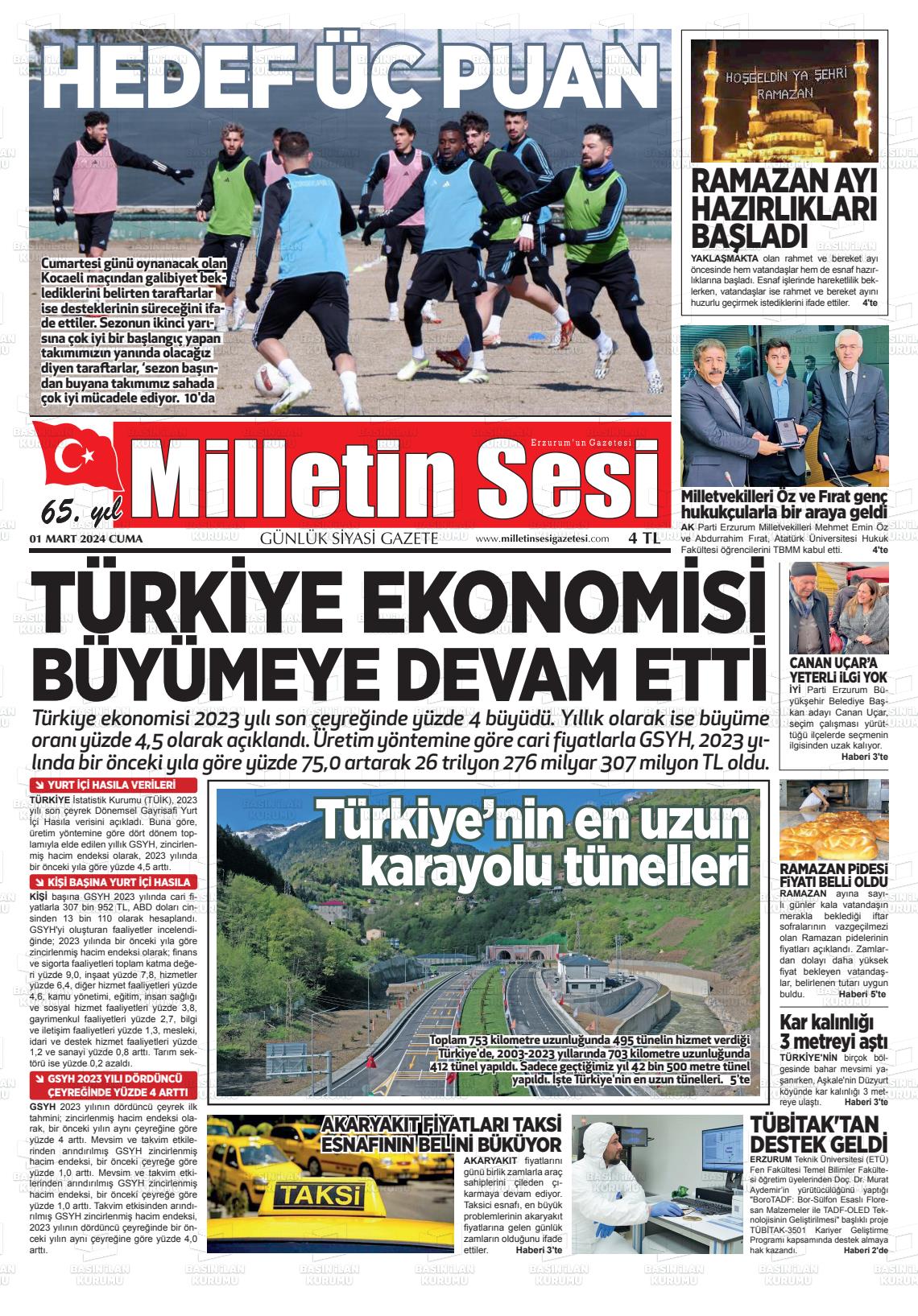 01 Mart 2024 Milletin Sesi Gazete Manşeti