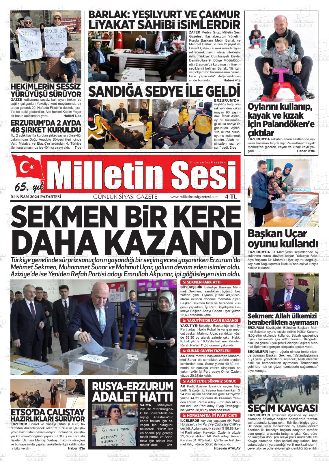 01 Nisan 2024 Milletin Sesi Gazete Manşeti