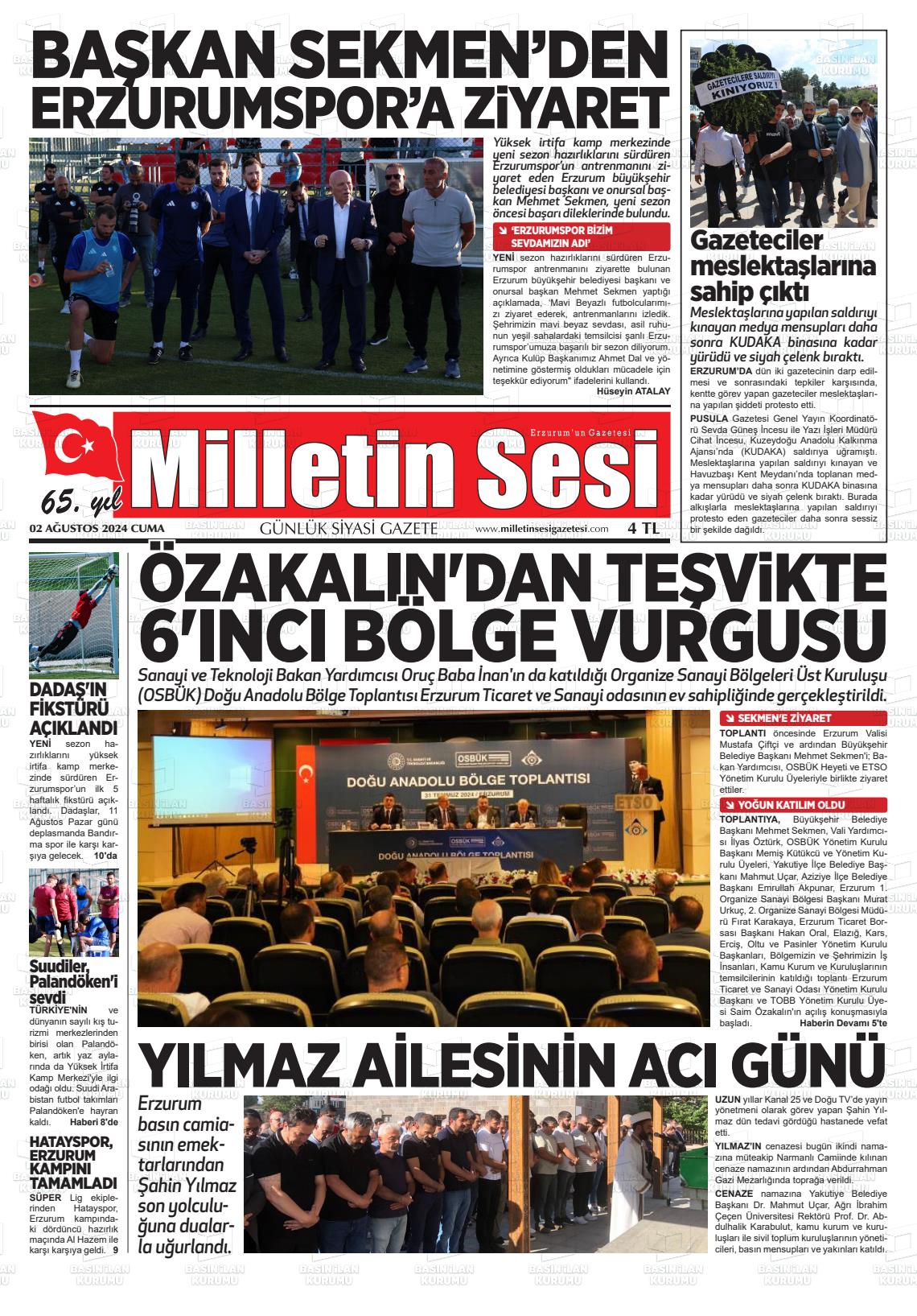 02 Ağustos 2024 Milletin Sesi Gazete Manşeti