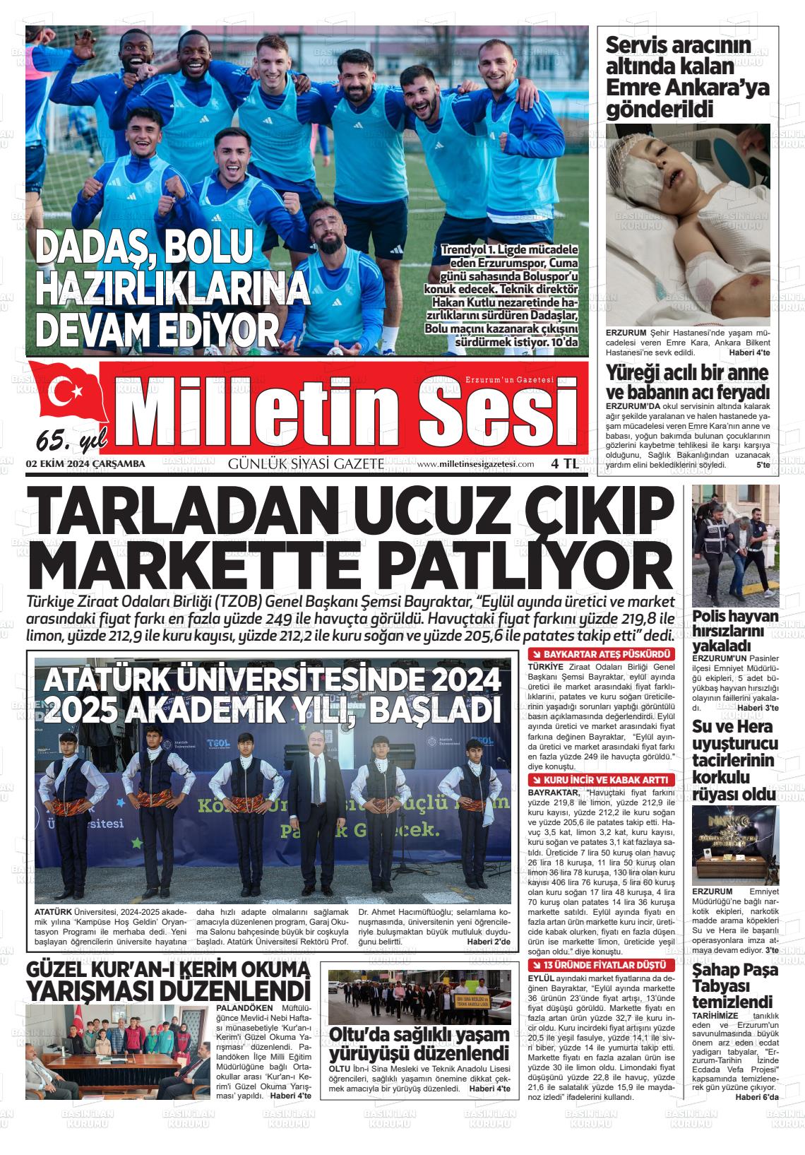 02 Ekim 2024 Milletin Sesi Gazete Manşeti