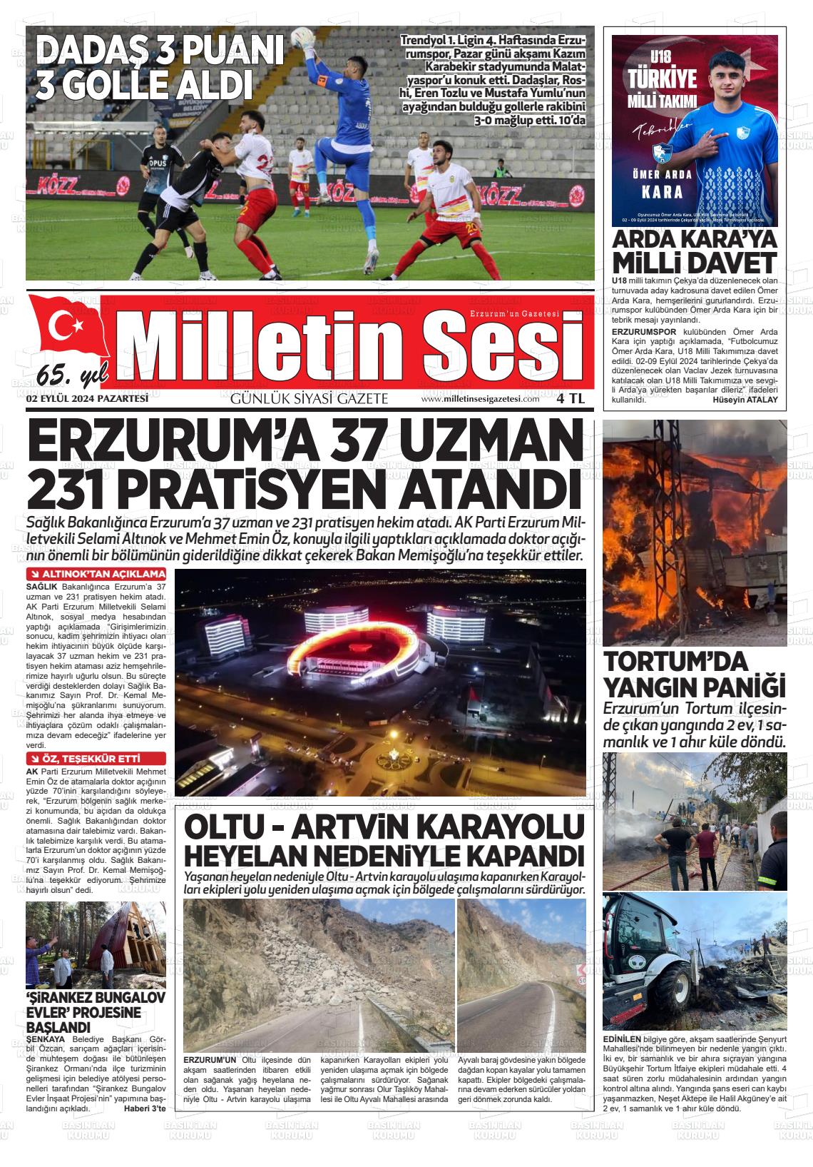 02 Eylül 2024 Milletin Sesi Gazete Manşeti