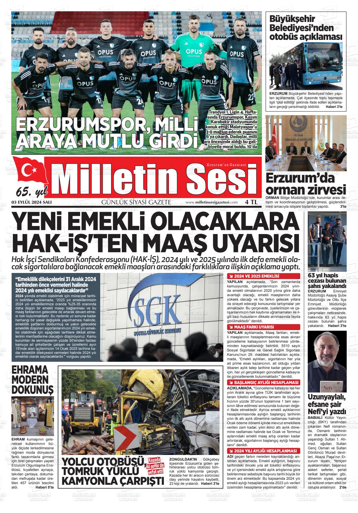 03 Eylül 2024 Milletin Sesi Gazete Manşeti