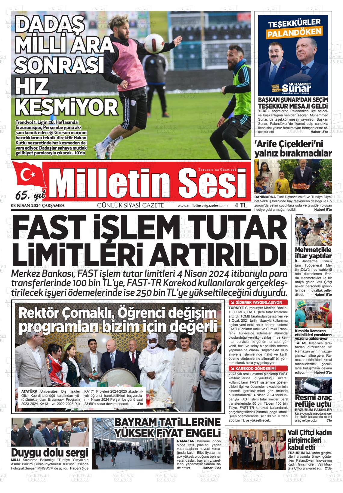 03 Nisan 2024 Milletin Sesi Gazete Manşeti