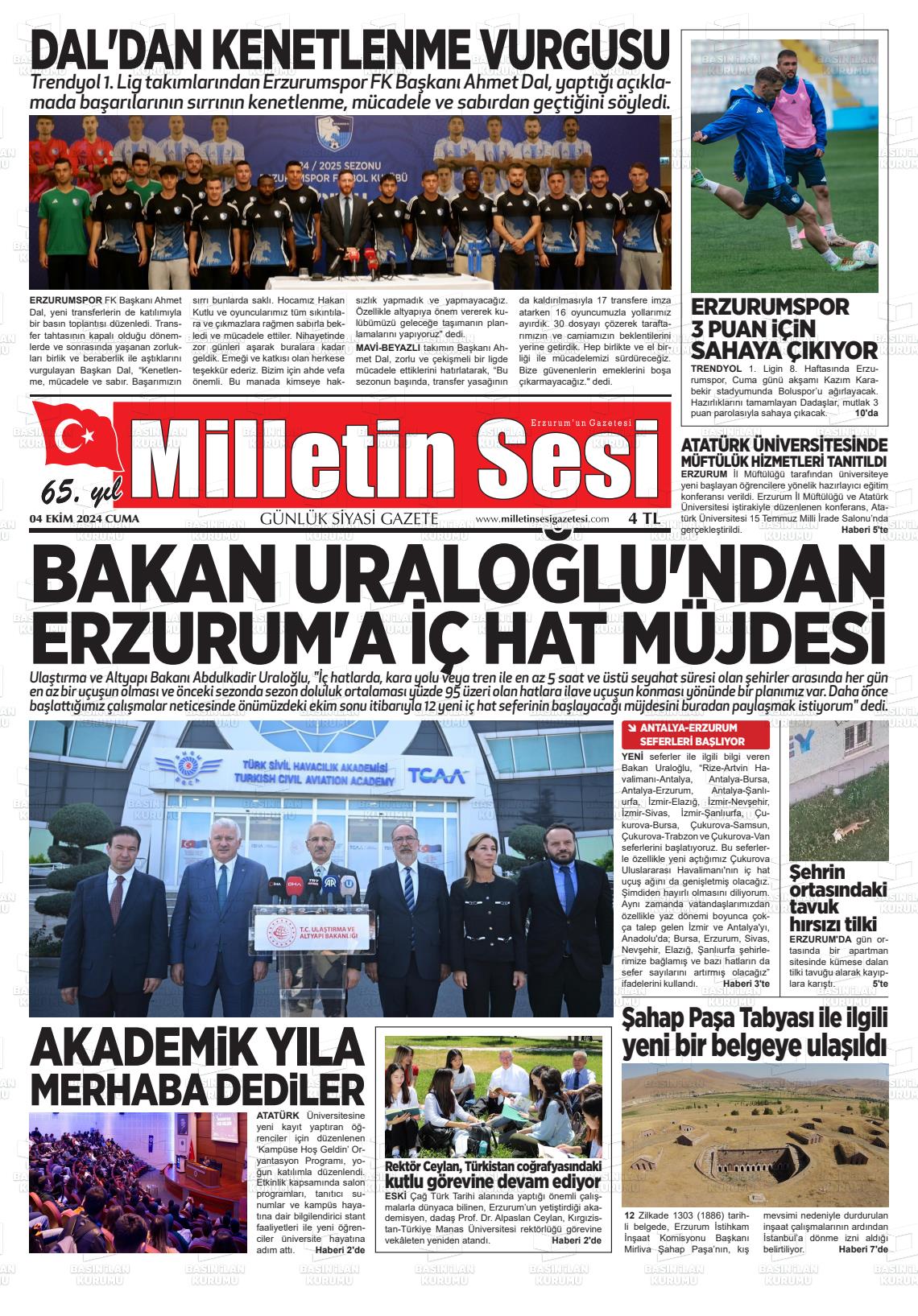 04 Ekim 2024 Milletin Sesi Gazete Manşeti