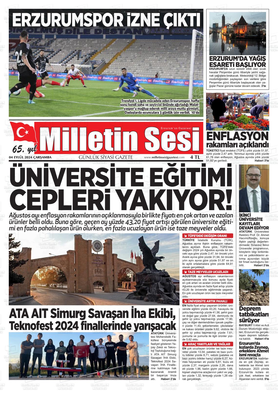 04 Eylül 2024 Milletin Sesi Gazete Manşeti