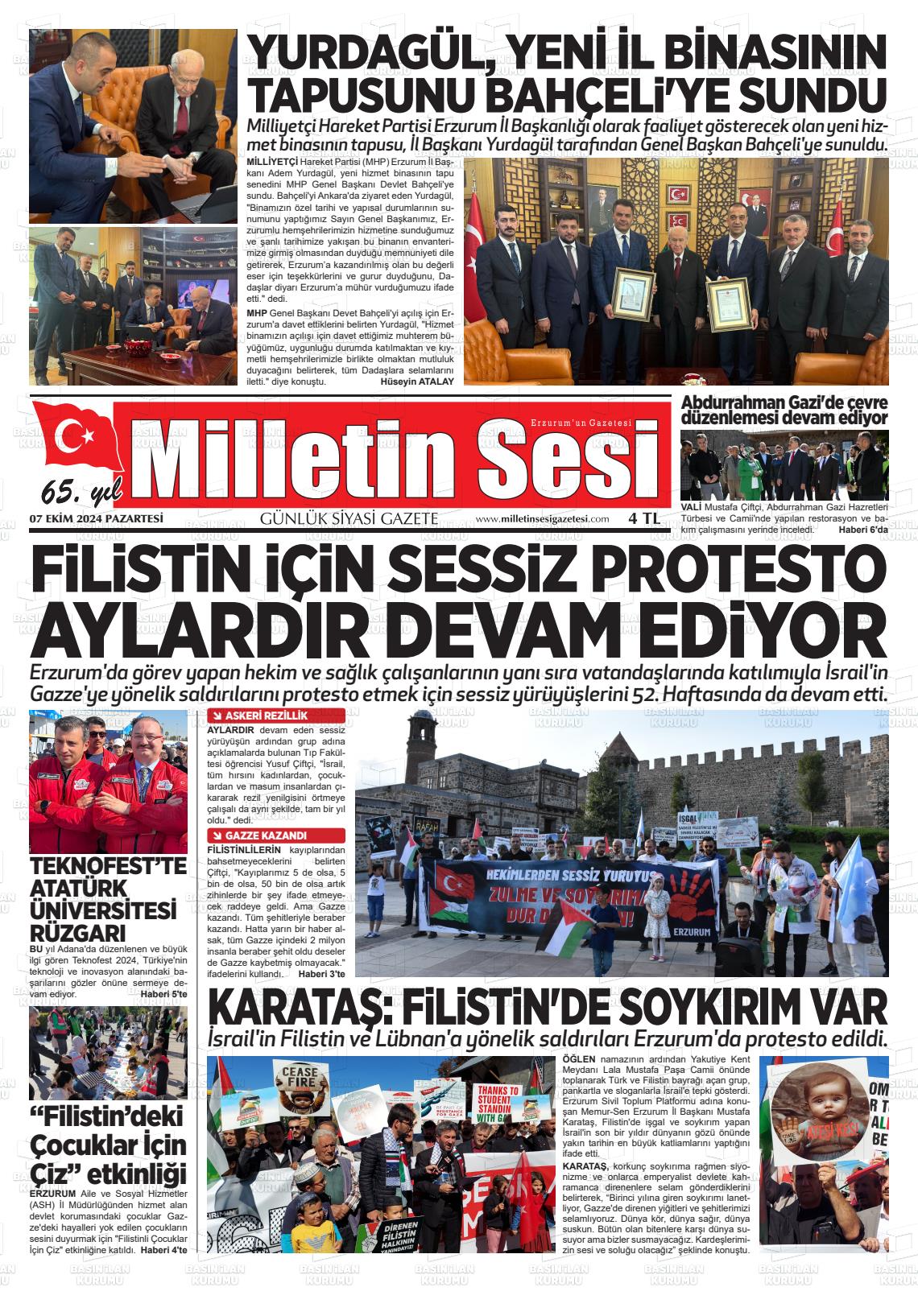 07 Ekim 2024 Milletin Sesi Gazete Manşeti