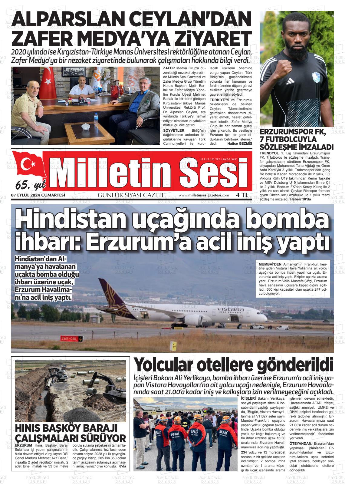 07 Eylül 2024 Milletin Sesi Gazete Manşeti