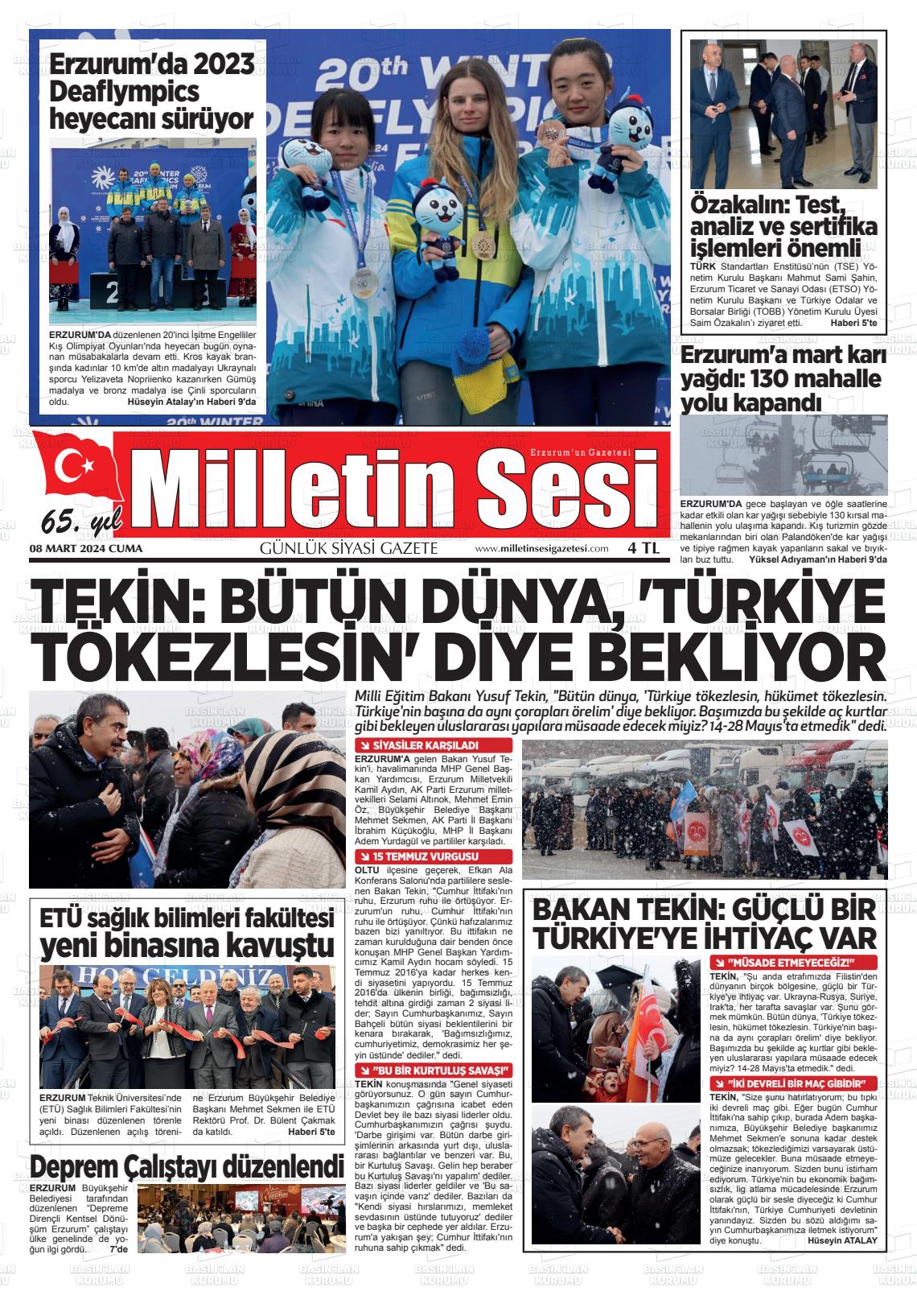 08 Mart 2024 Milletin Sesi Gazete Manşeti