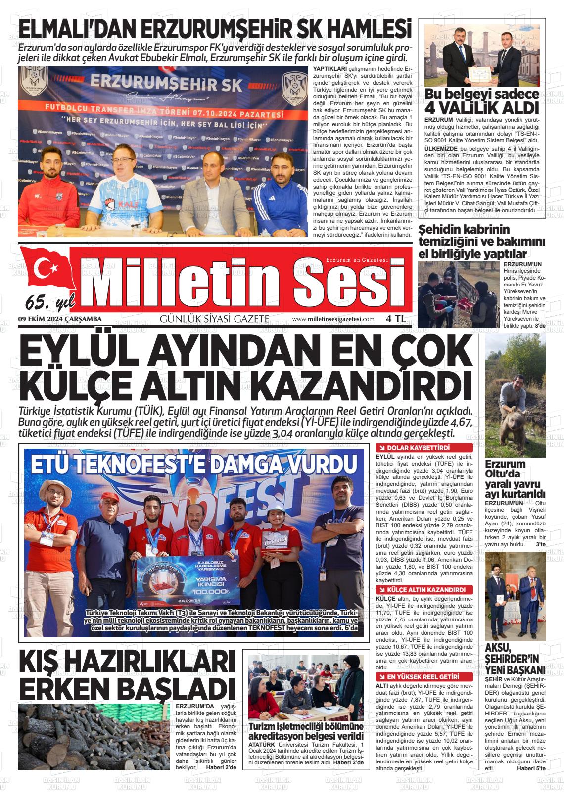 09 Ekim 2024 Milletin Sesi Gazete Manşeti